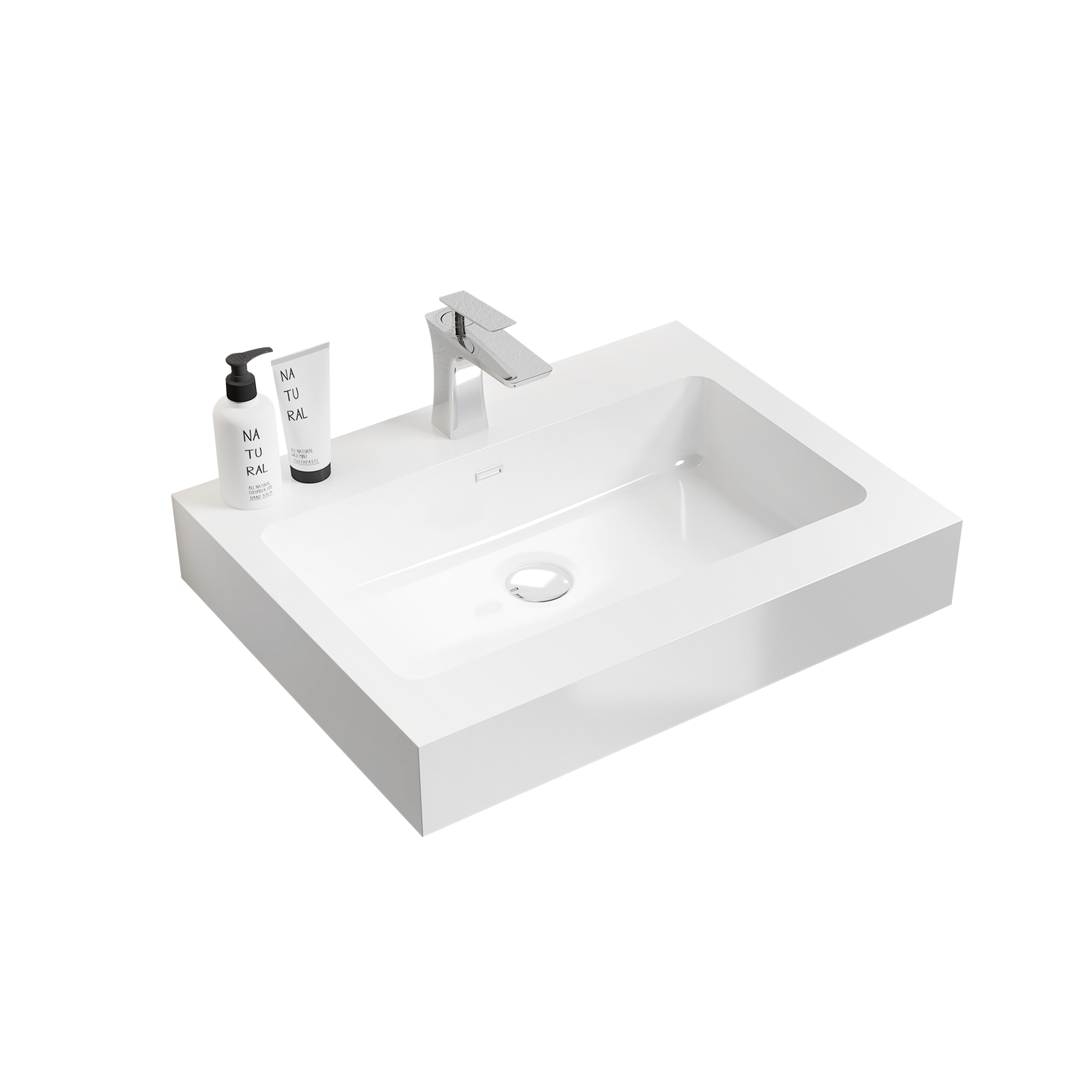 Bb02 24 101, Integrated Solid Surface Basin Without Drain & Faucet, Glossy White Color White Solid Surface