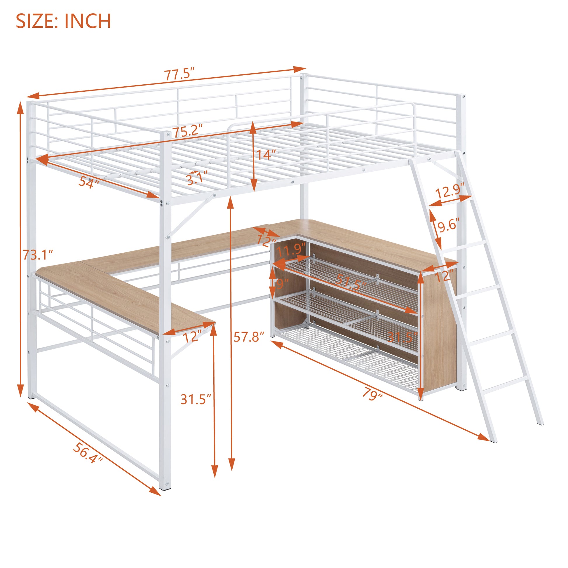 Full Size Metal Loft Bed With 3 Layers Of Shelves And L Shaped Desk, White White Metal