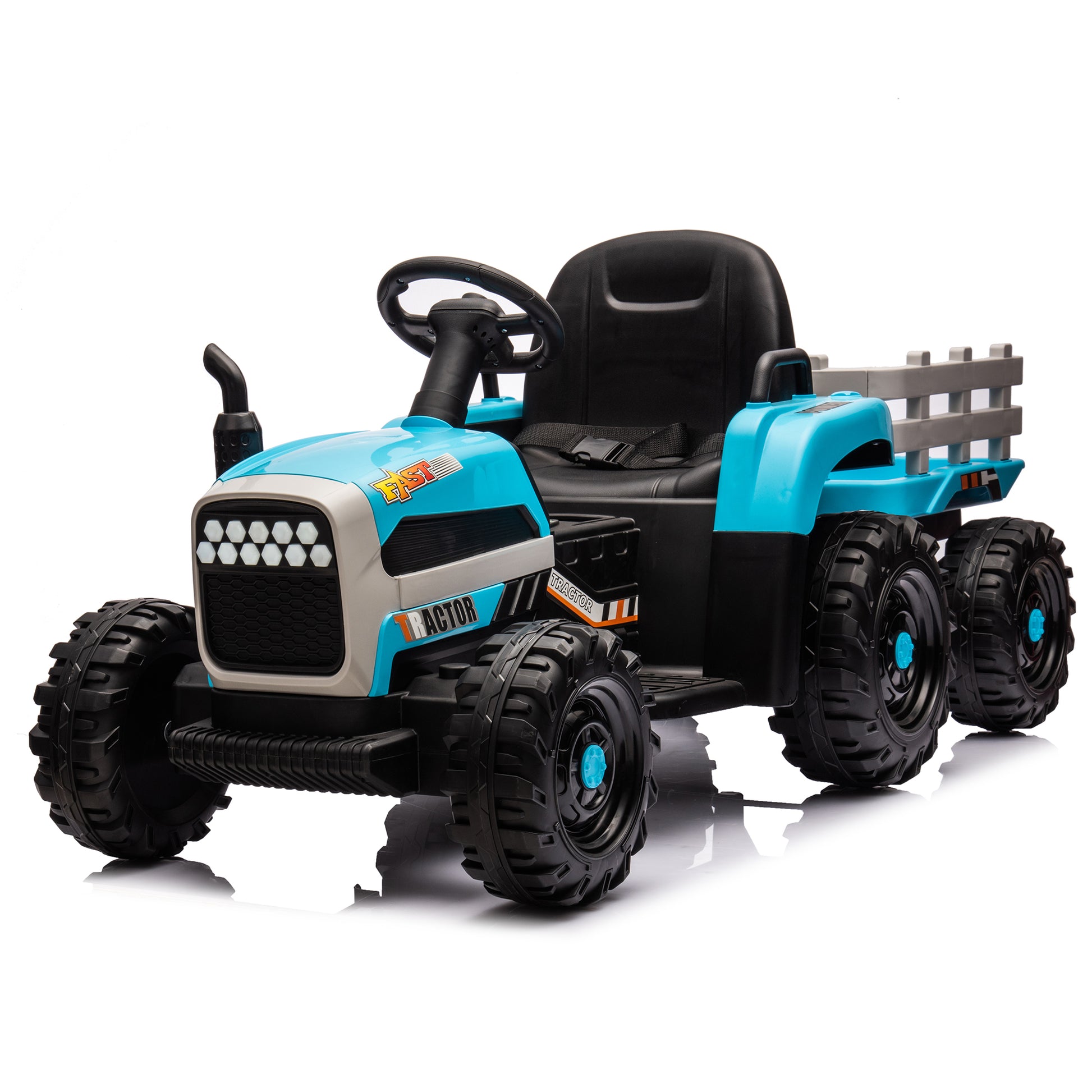 Ride On Tractor2.0 With Trailer,24V Battery Powered Electric Tractor Toy, 200W*2Motor 1.86 4.97Mph Remote Control,Electric Car For Kids,Three Speed Adjustable,Usb,Mp3 ,Bluetooth,Led Light, Safety Belt Blue Plastic