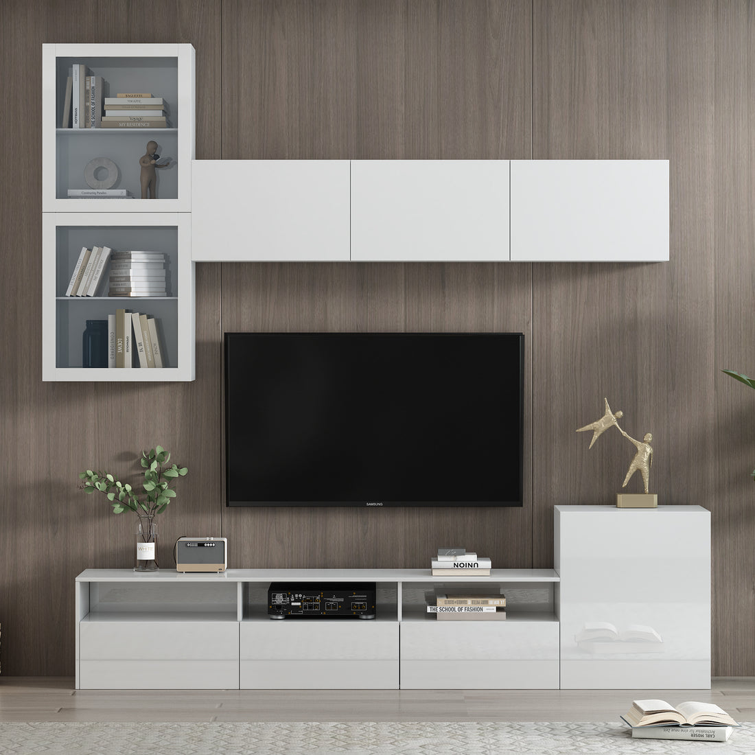 High Gloss Tv Stand With Large Storage Space, Media Console For Tvs Up To 78", Versatile Entertainment Center With Wall Mounted Floating Storage Cabinets For Living Room, White White Primary Living Space 70 79 Inches 70 79 Inches Mdf