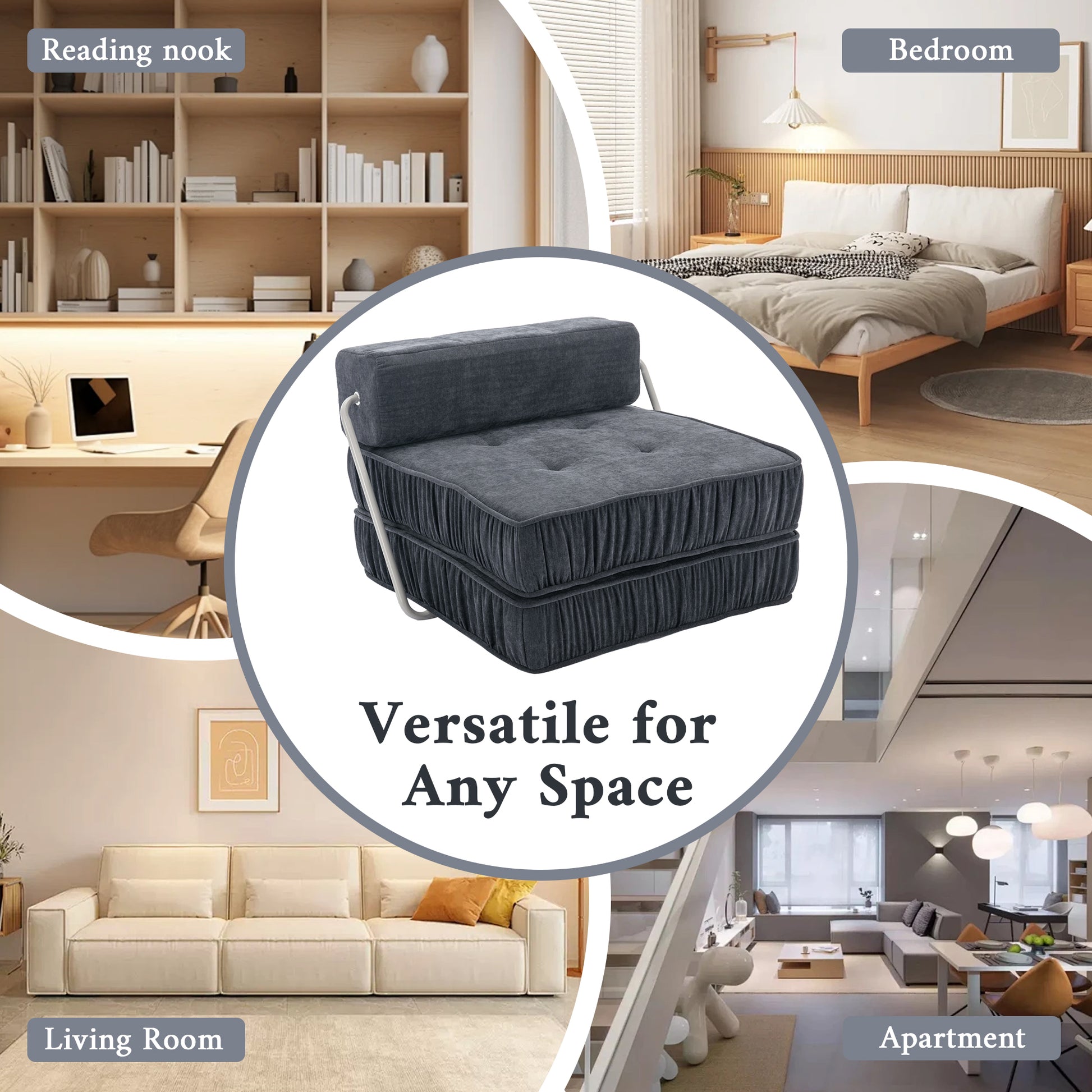 Folding Sofa Bed, Futon Sleeper Chair, Convertible Chair Floor Couch & Sleeping Mattress For Living Room, Guest Room, Home Office, Apartment, Small Space, Bed, Removable Back Cushion, Grey, 1 Seat Grey Chenille Primary Living Space Pillow Back Soft