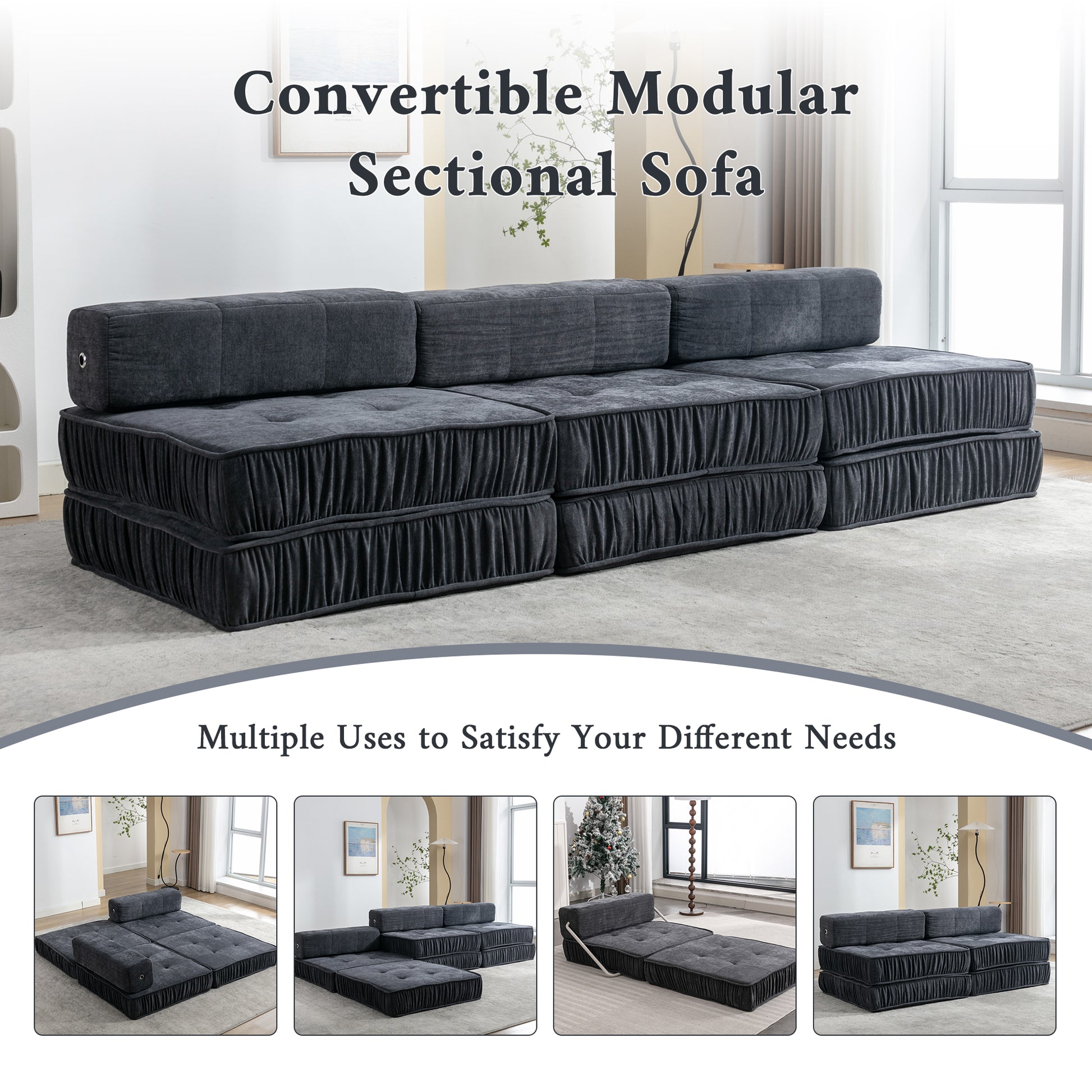 Folding Sofa Bed, Futon Sleeper Chair, Convertible Chair Floor Couch & Sleeping Mattress For Living Room, Guest Room, Home Office, Apartment, Small Space, Bed, Removable Back Cushion, Grey, 1 Seat Grey Chenille Primary Living Space Pillow Back Soft