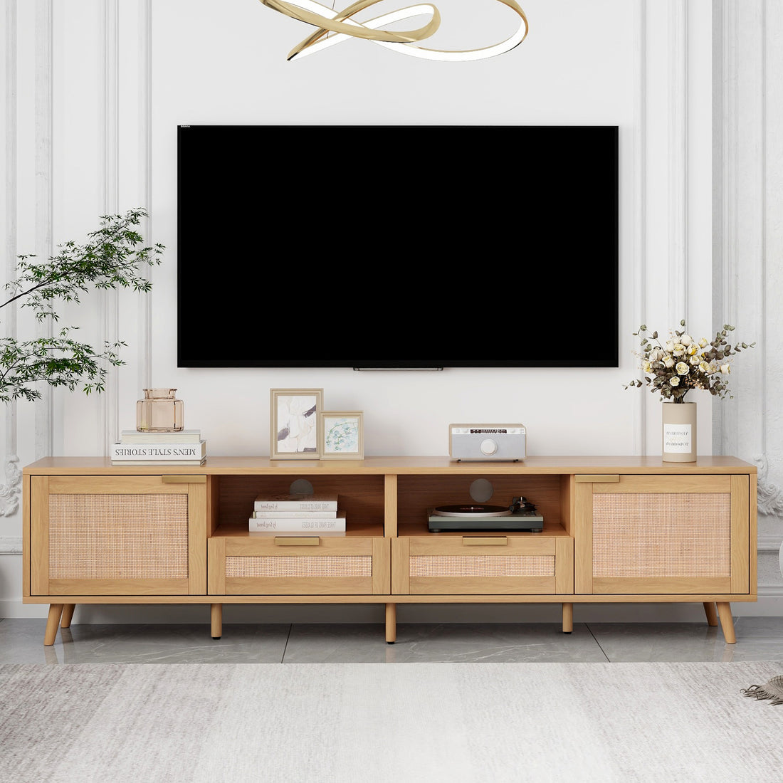 Rattan Tv Stand For Tvs Up To 85'', Modern Farmhouse Media Console, Entertainment Center With Solid Wood Legs, Tv Cabinet For Living Room,Home Theatre Wood Primary Living Space 70 79 Inches 70 79 Inches 80 Inches Solid Wood Mdf