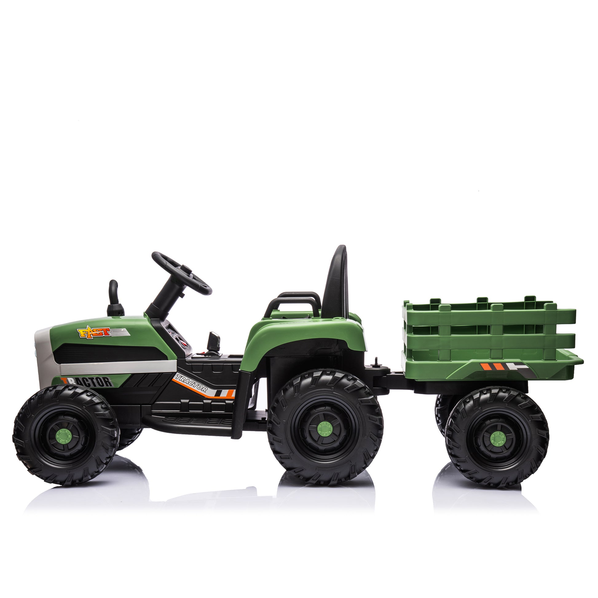 Ride On Tractor2.0 With Trailer,24V Battery Powered Electric Tractor Toy, 200W*2Motor 1.86 4.97Mph Remote Control,Electric Car For Kids,Three Speed Adjustable,Usb,Mp3 ,Bluetooth,Led Light, Safety Belt Emerald Plastic