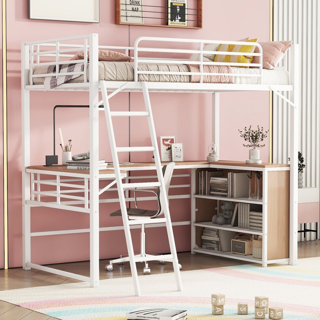 Twin Size Metal Loft Bed With 3 Layers Of Shelves And L Shaped Desk, White White Metal