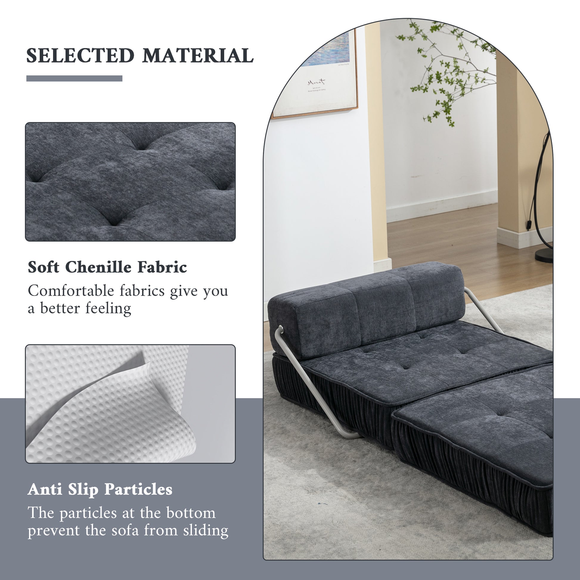 Folding Sofa Bed, Futon Sleeper Chair, Convertible Chair Floor Couch & Sleeping Mattress For Living Room, Guest Room, Home Office, Apartment, Small Space, Bed, Removable Back Cushion, Grey, 1 Seat Grey Chenille Primary Living Space Pillow Back Soft