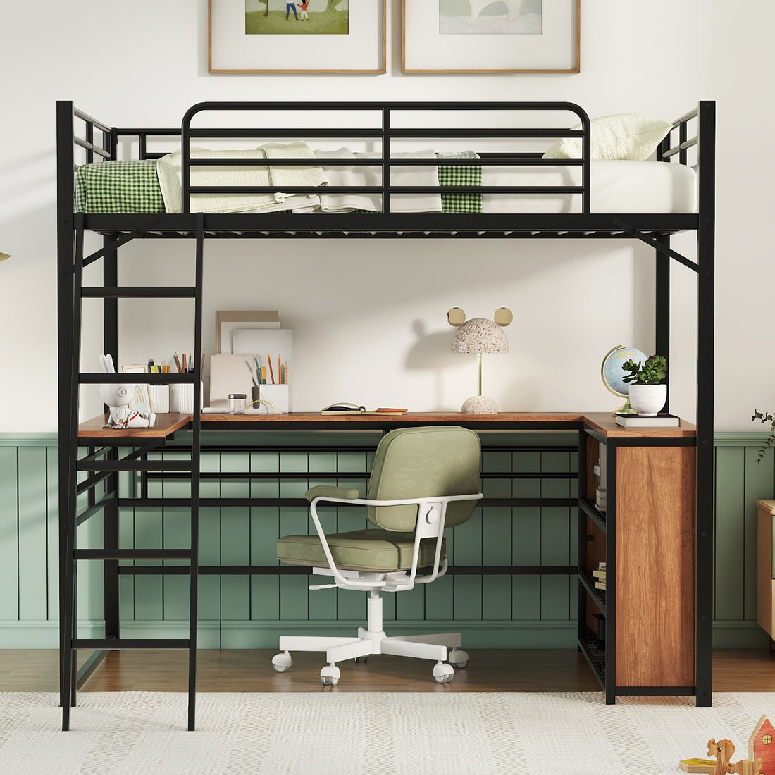 Full Size Metal Loft Bed With 3 Layers Of Shelves And L Shaped Desk, Black Black Metal