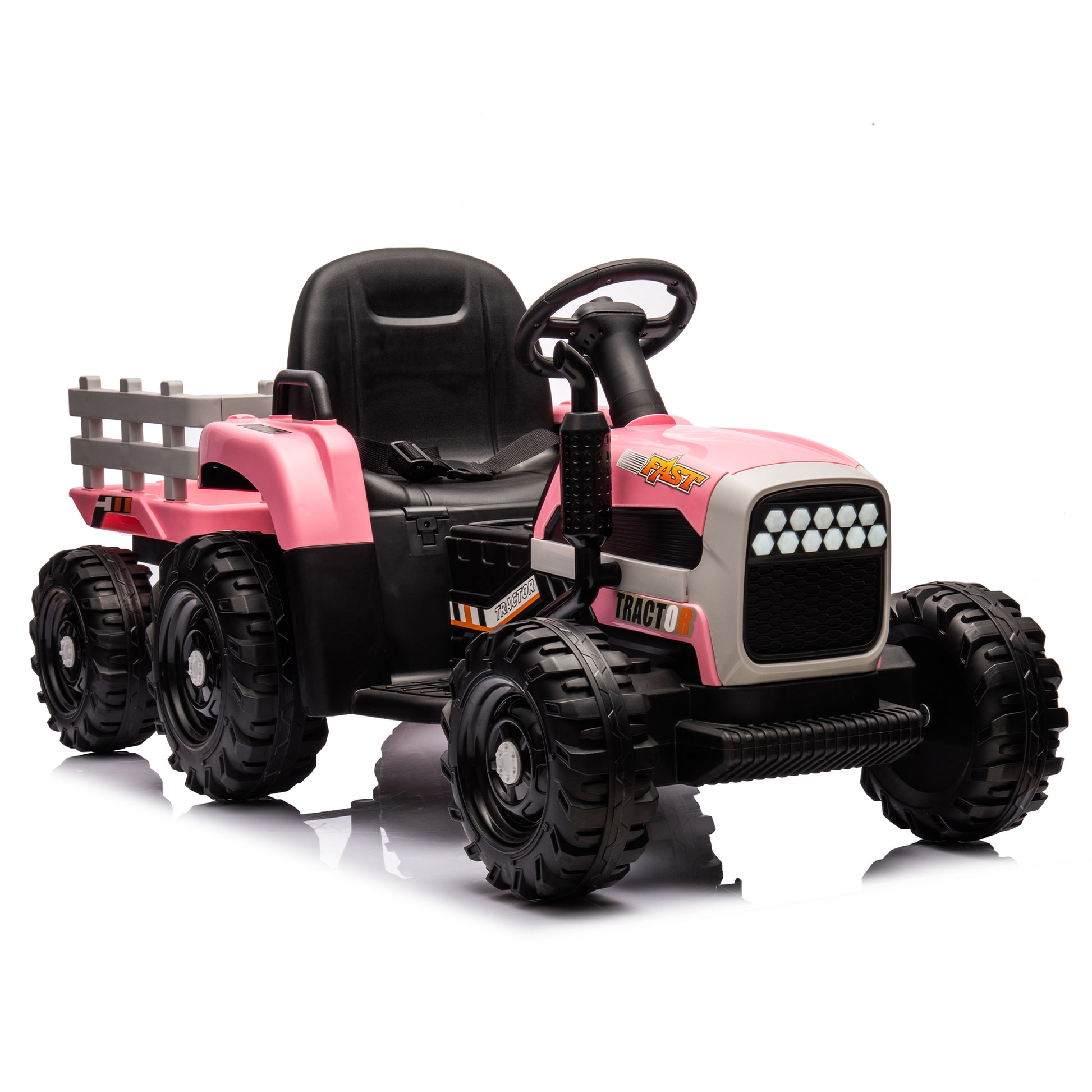 Ride On Tractor With Trailer,12V Battery Powered Electric Tractor Toy W Remote Control,Electric Car For Kids,Three Speed Adjustable,Power Display, Usb,Mp3 ,Bluetooth,Led Light,Two Point Safety Belt Pink Plastic