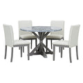 5 Piece Farmhouse Style Dining Table Set, Marble Sticker And Cross Bracket Pedestal Dining Table, And 4 Upholstered Chairs White Gray Upholstered Chair Wood White Gray Seats 4 Wood Dining Room Antique,Classic,Farmhouse Pedestal Round Dining Table With