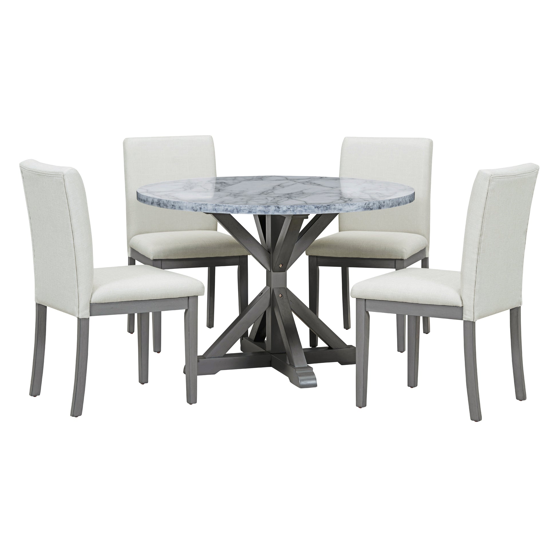 5 Piece Farmhouse Style Dining Table Set, Marble Sticker And Cross Bracket Pedestal Dining Table, And 4 Upholstered Chairs White Gray Upholstered Chair Wood White Gray Seats 4 Wood Dining Room Antique,Classic,Farmhouse Pedestal Round Dining Table With