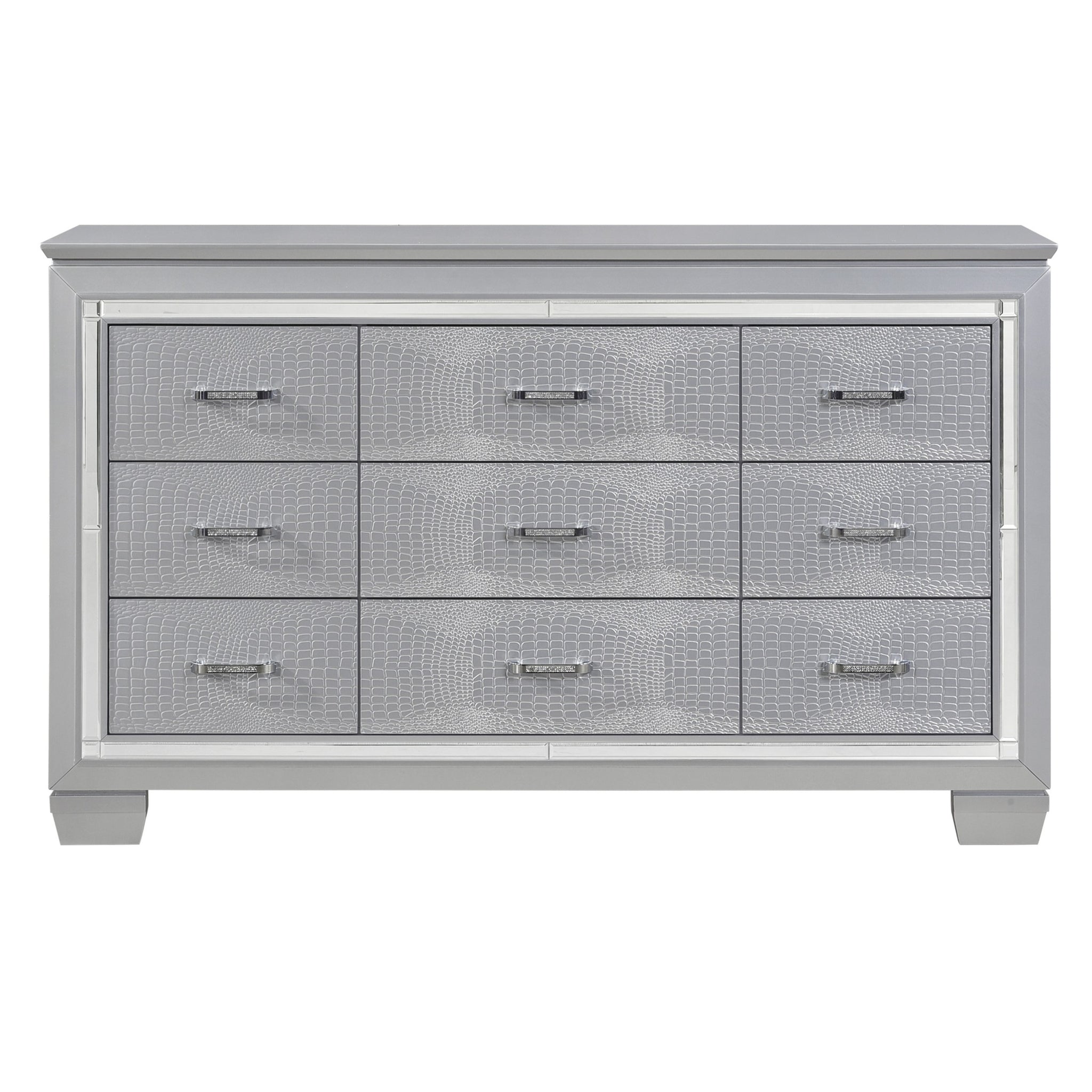 Modern Glam Silver Finish 1Pc Nine Drawers Dresser Faux Alligator Textured Drawers Fronts Faux Crystals Wooden Bedroom Furniture Silver Bedroom Contemporary,Glam,Modern Wood