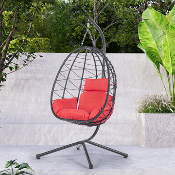 Egg Chair With Stand Indoor Outdoor Swing Chair Patio Wicker Hanging Egg Chair Hanging Basket Chair Hammock Chair With Stand For Bedroom Living Room Balcony Yes Sectional Red Water Resistant Frame Water Resistant Cushion Garden & Outdoor American Design