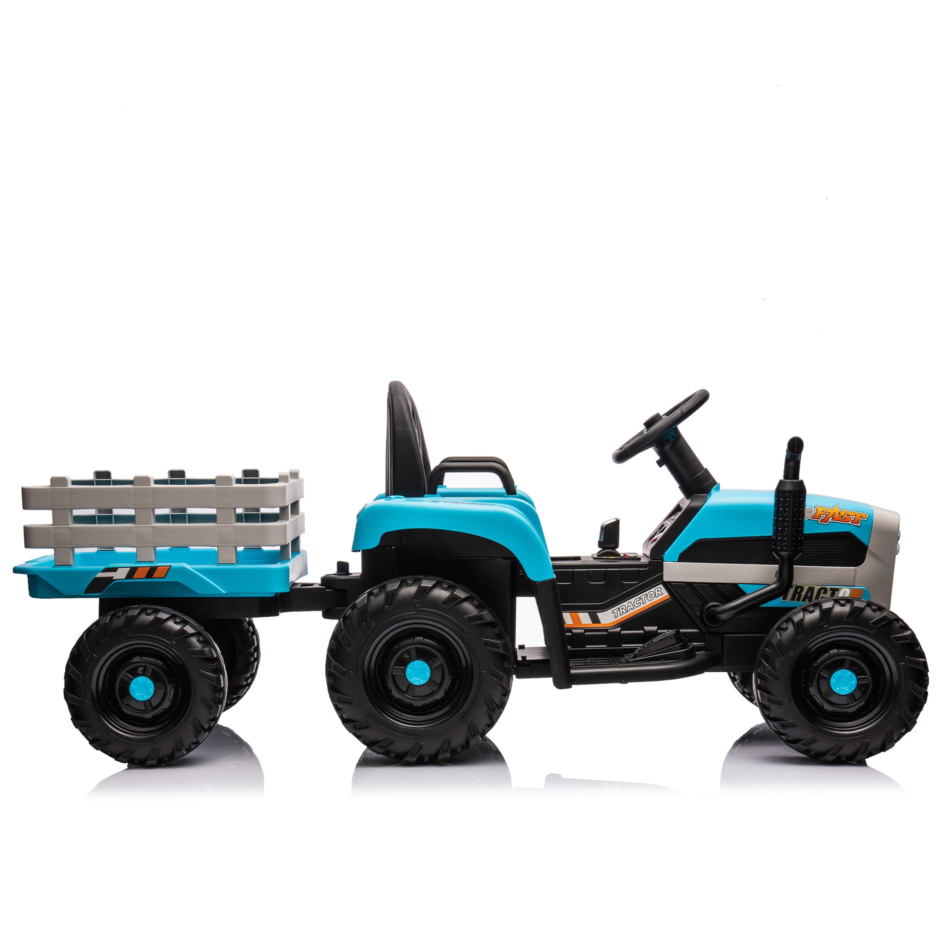 Ride On Tractor2.0 With Trailer,24V Battery Powered Electric Tractor Toy, 200W*2Motor 1.86 4.97Mph Remote Control,Electric Car For Kids,Three Speed Adjustable,Usb,Mp3 ,Bluetooth,Led Light, Safety Belt Blue Plastic