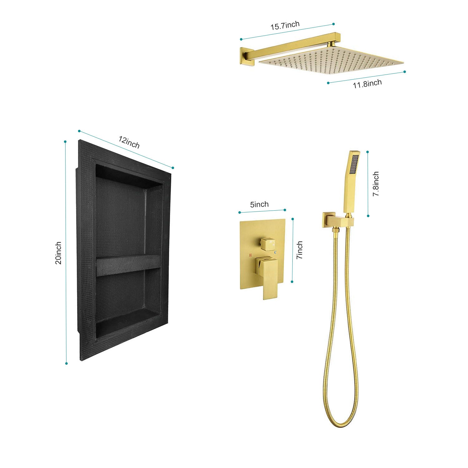 Shower System With Rain Shower Head, Hand Shower Head, Water Control Valve, Shower Bracket, Hose And Niche Brushed Gold Wall Mounted Bathroom Brass