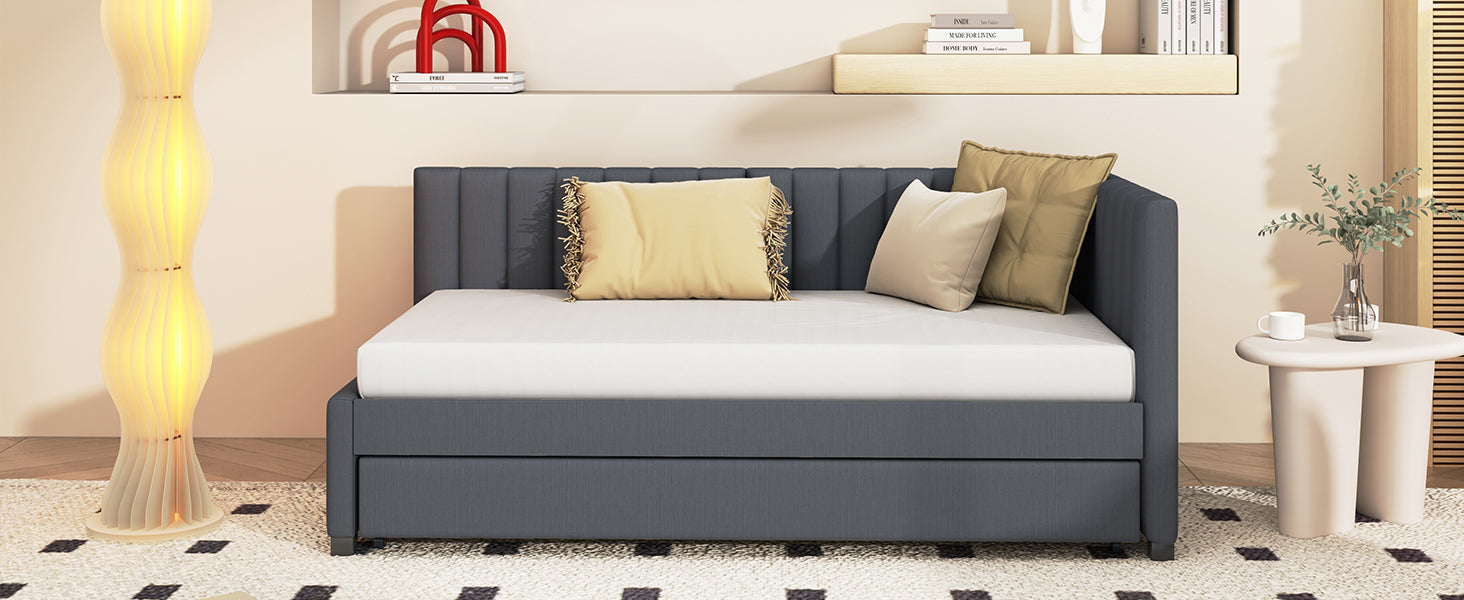 Upholstered Daybed With Trundle Twin Size Sofa Bed Frame No Box Spring Needed, Linen Fabric Gray Gray Linen