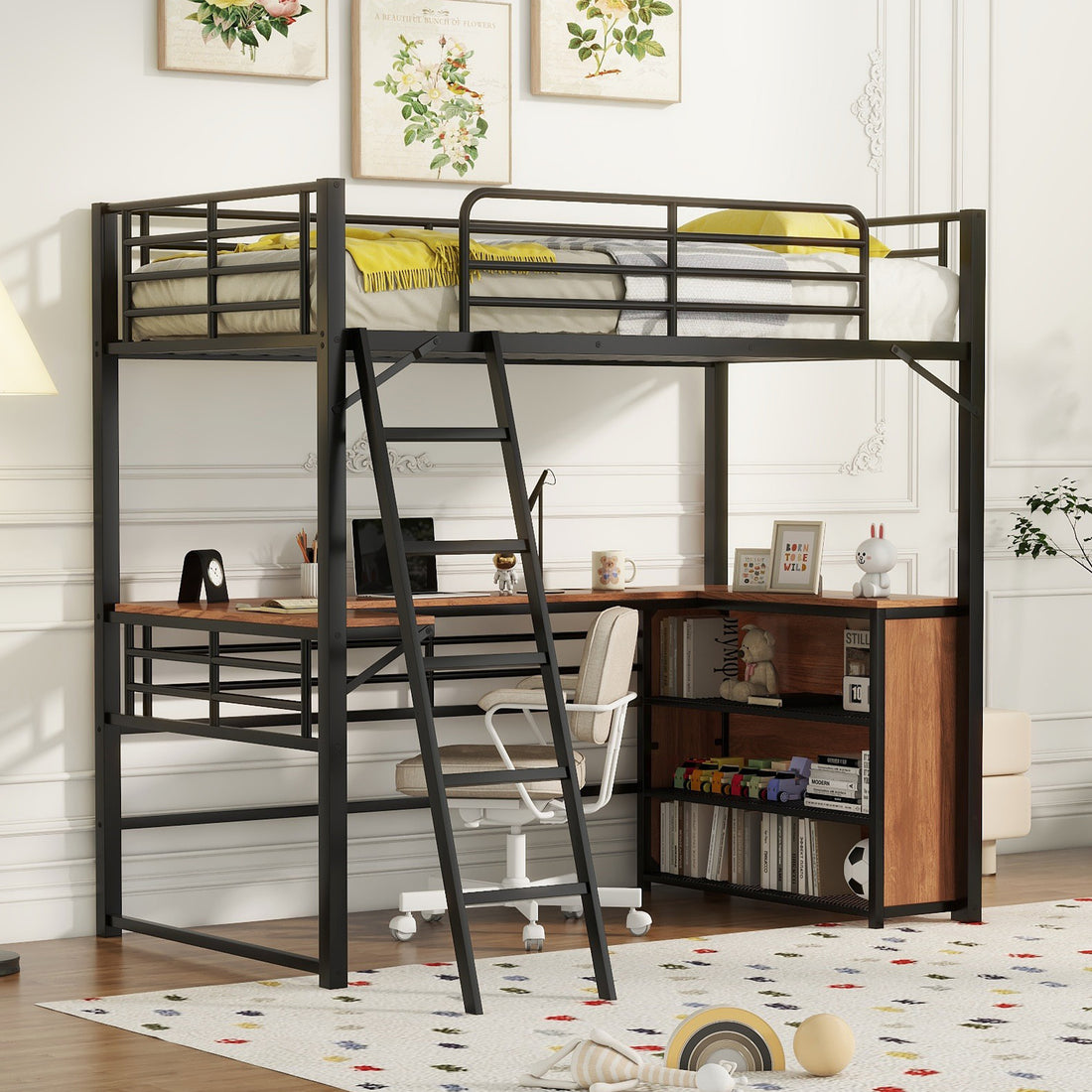 Twin Size Metal Loft Bed With 3 Layers Of Shelves And L Shaped Desk, Black Black Metal