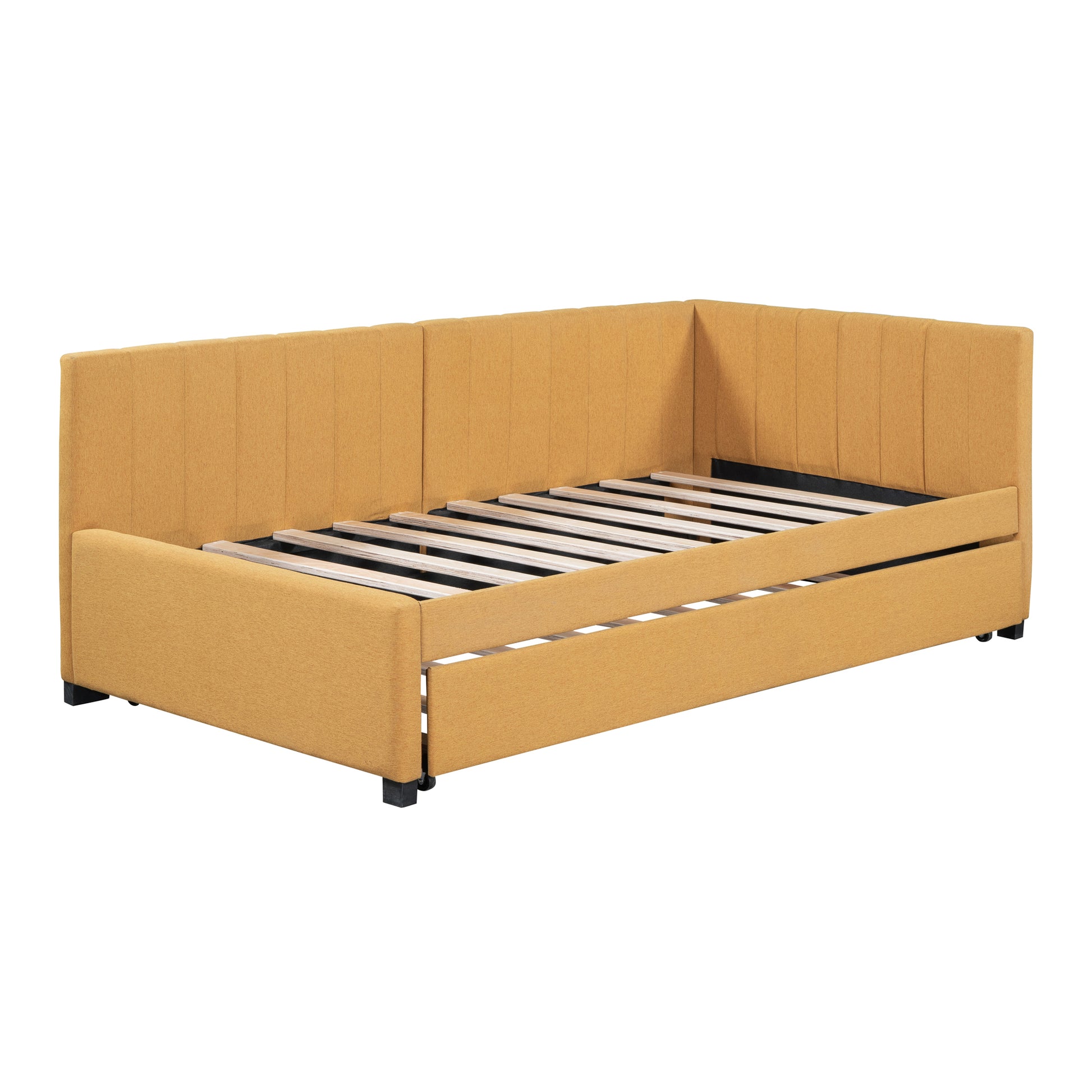 Upholstered Daybed With Trundle Twin Size Sofa Bed Frame No Box Spring Needed, Linen Fabric Yellow Yellow Linen