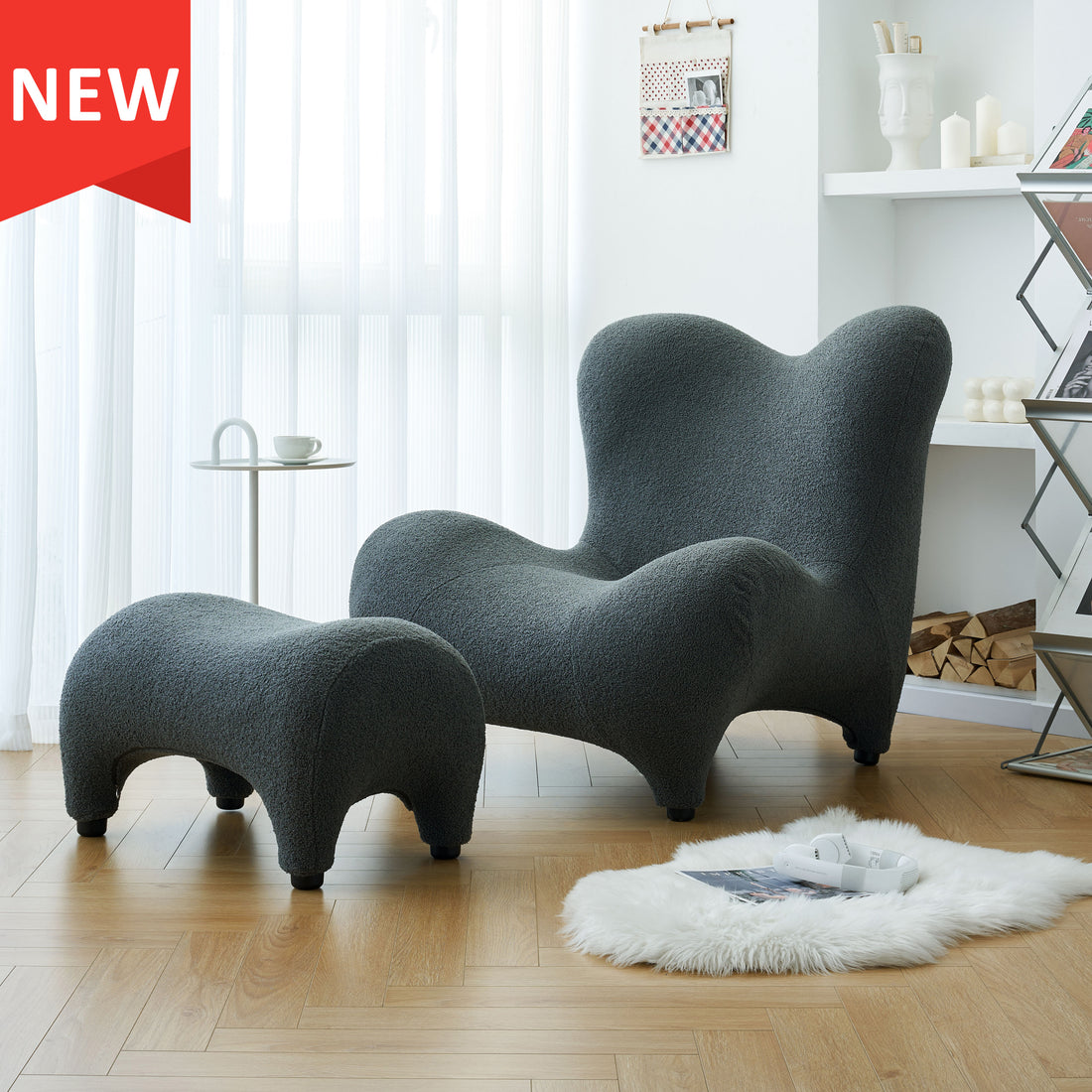 Modern Accent Chair And Ottoman Set, High Back Sherpa Blouce Fabric Armchair With Footstool For Living Room, Lounge, Bedroom, Reading Room, Office Gray Foam
