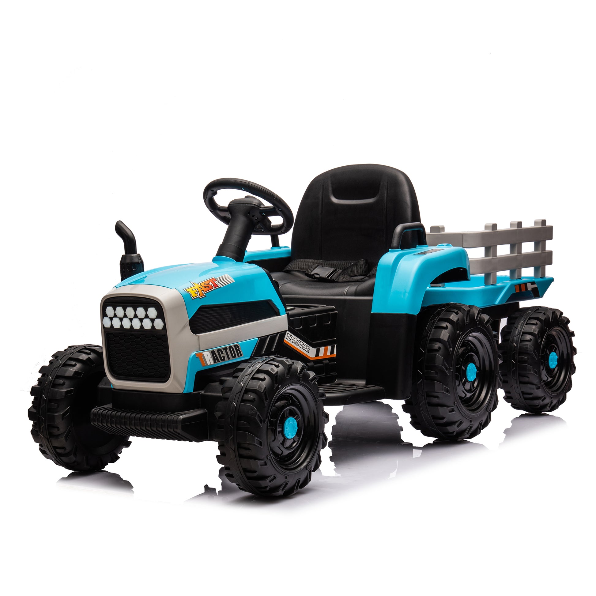 Ride On Tractor2.0 With Trailer,24V Battery Powered Electric Tractor Toy, 200W*2Motor 1.86 4.97Mph Remote Control,Electric Car For Kids,Three Speed Adjustable,Usb,Mp3 ,Bluetooth,Led Light, Safety Belt Blue Plastic