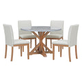 5 Piece Farmhouse Style Dining Table Set, Marble Sticker And Cross Bracket Pedestal Dining Table, And 4 Upholstered Chairs White Walnut Upholstered Chair Wood White Walnut Seats 4 Wood Dining Room Antique,Classic,Farmhouse Pedestal Round Dining Table