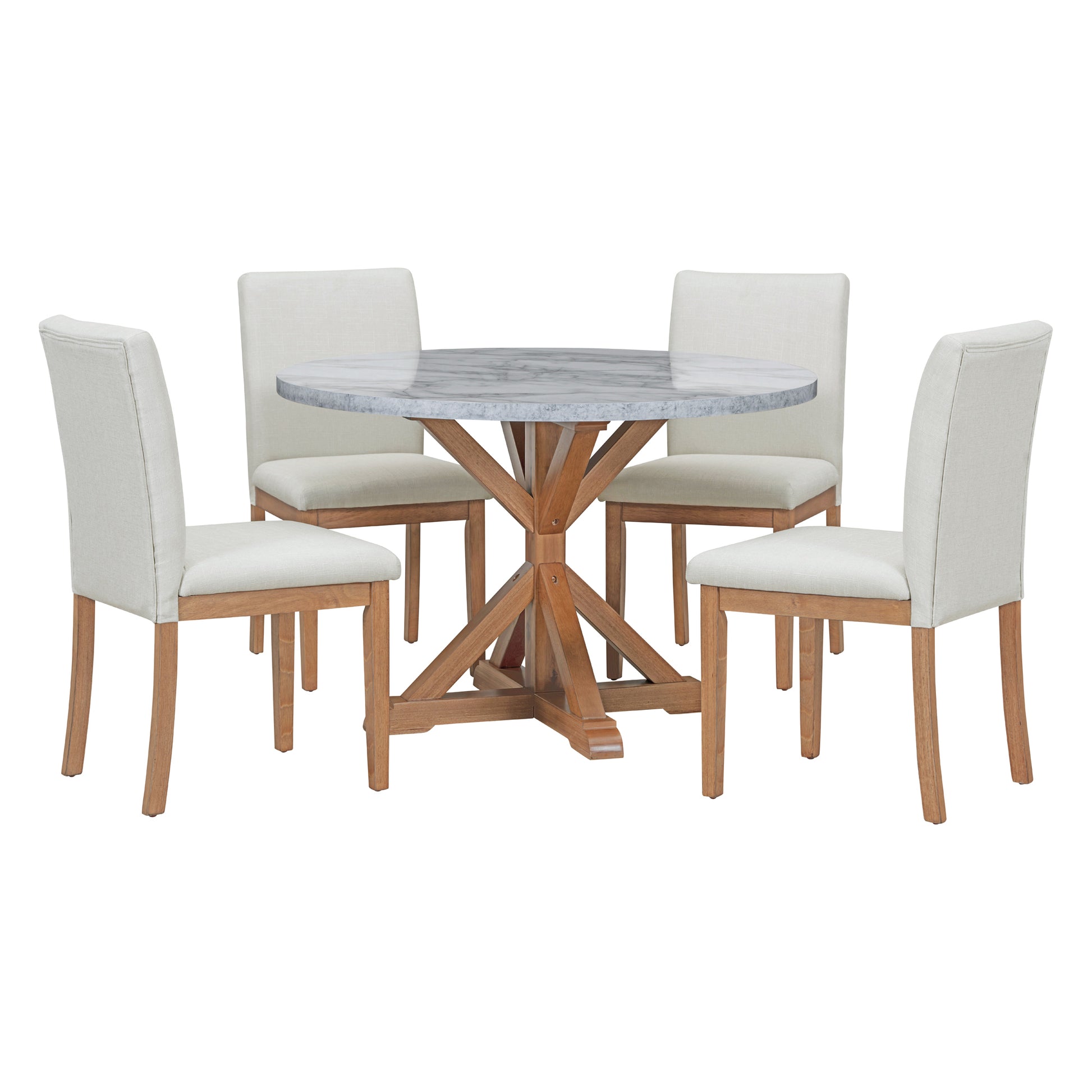 5 Piece Farmhouse Style Dining Table Set, Marble Sticker And Cross Bracket Pedestal Dining Table, And 4 Upholstered Chairs White Walnut Upholstered Chair Wood White Walnut Seats 4 Wood Dining Room Antique,Classic,Farmhouse Pedestal Round Dining Table
