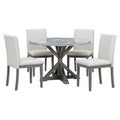 5 Piece Farmhouse Style Dining Table Set, Marble Sticker And Cross Bracket Pedestal Dining Table, And 4 Upholstered Chairs White Gray Upholstered Chair Wood White Gray Seats 4 Wood Dining Room Antique,Classic,Farmhouse Pedestal Round Dining Table With