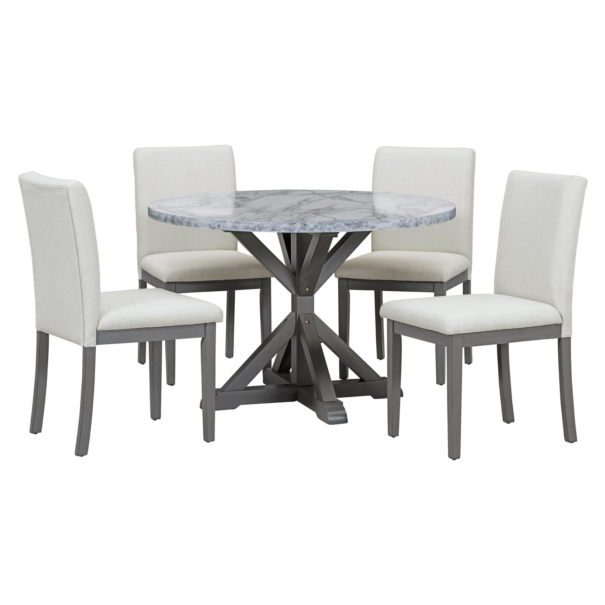 5 Piece Farmhouse Style Dining Table Set, Marble Sticker And Cross Bracket Pedestal Dining Table, And 4 Upholstered Chairs White Gray Upholstered Chair Wood White Gray Seats 4 Wood Dining Room Antique,Classic,Farmhouse Pedestal Round Dining Table With