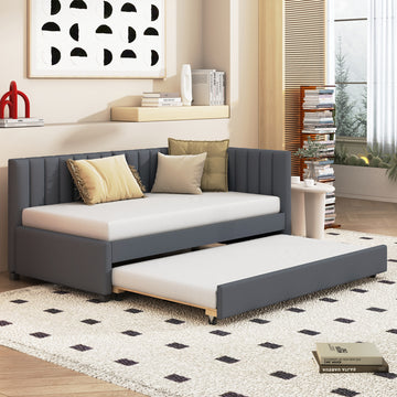 Upholstered Daybed With Trundle Twin Size Sofa Bed Frame No Box Spring Needed, Linen Fabric Gray Gray Linen