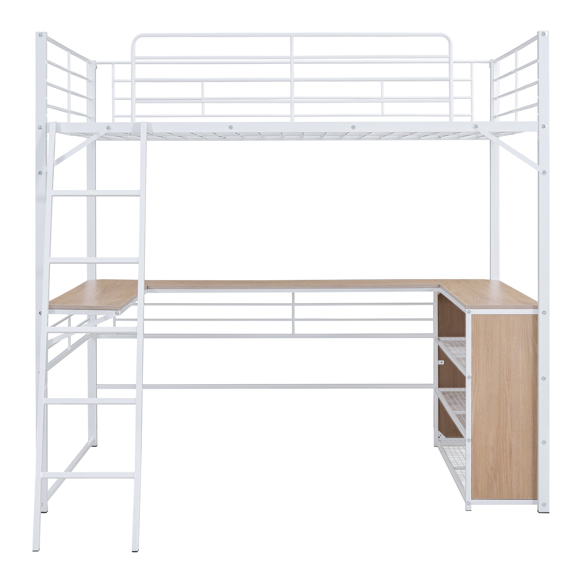 Full Size Metal Loft Bed With 3 Layers Of Shelves And L Shaped Desk, White White Metal