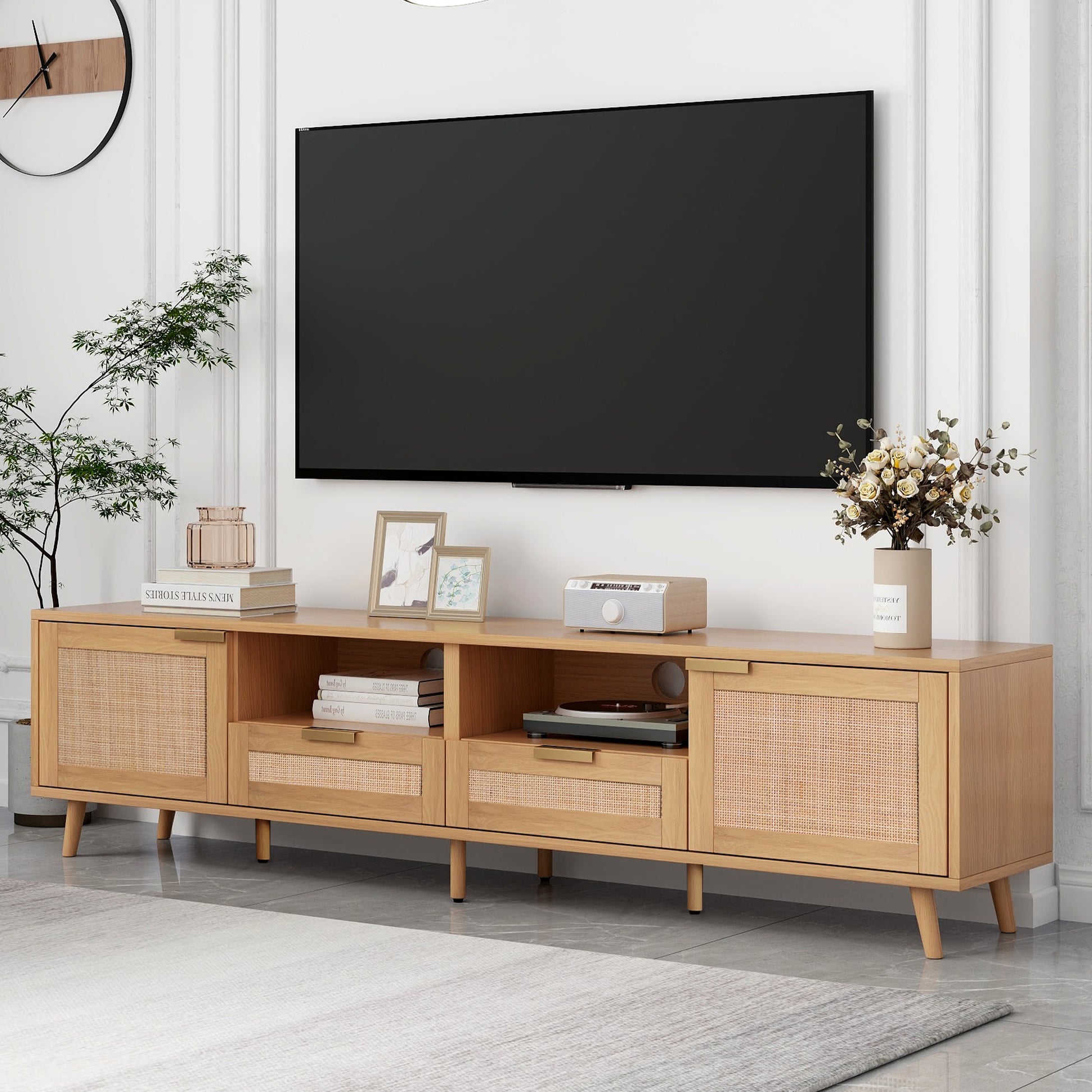 Rattan Tv Stand For Tvs Up To 85'', Modern Farmhouse Media Console, Entertainment Center With Solid Wood Legs, Tv Cabinet For Living Room,Home Theatre Wood Primary Living Space 70 79 Inches 70 79 Inches 80 Inches Solid Wood Mdf