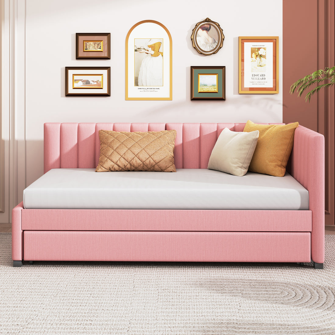 Upholstered Daybed With Trundle Twin Size Sofa Bed Frame No Box Spring Needed, Linen Fabric Pink Pink Linen