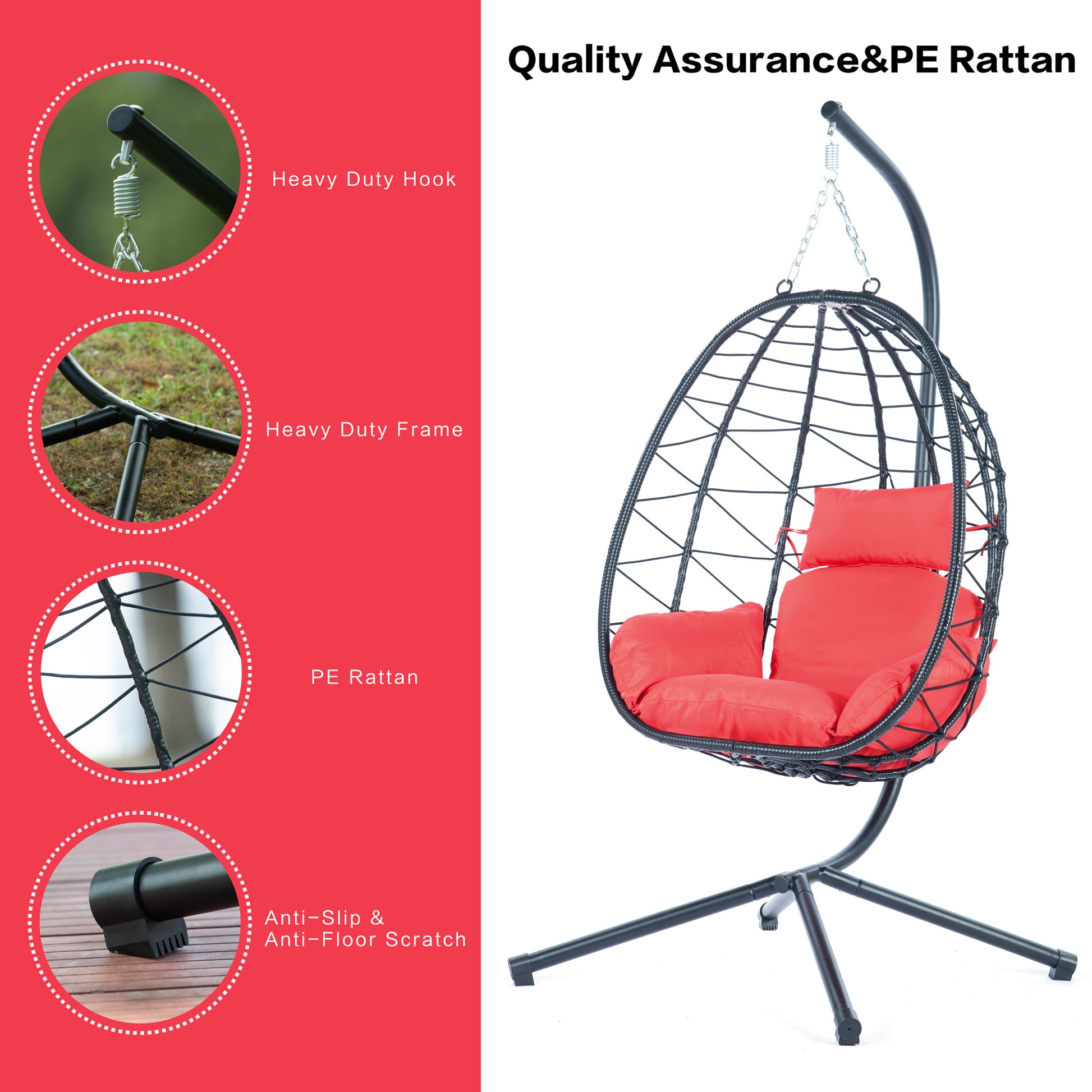 Egg Chair With Stand Indoor Outdoor Swing Chair Patio Wicker Hanging Egg Chair Hanging Basket Chair Hammock Chair With Stand For Bedroom Living Room Balcony Yes Sectional Red Water Resistant Frame Water Resistant Cushion Garden & Outdoor American Design