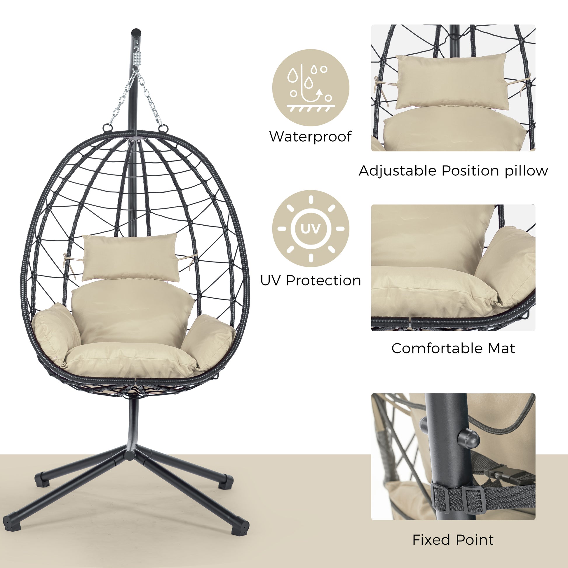 Egg Chair With Stand Indoor Outdoor Swing Chair Patio Wicker Hanging Egg Chair Hanging Basket Chair Hammock Chair With Stand For Bedroom Living Room Balcony Yes Sectional Beige Rust Resistant Frame Water Resistant Cushion Garden & Outdoor American Design