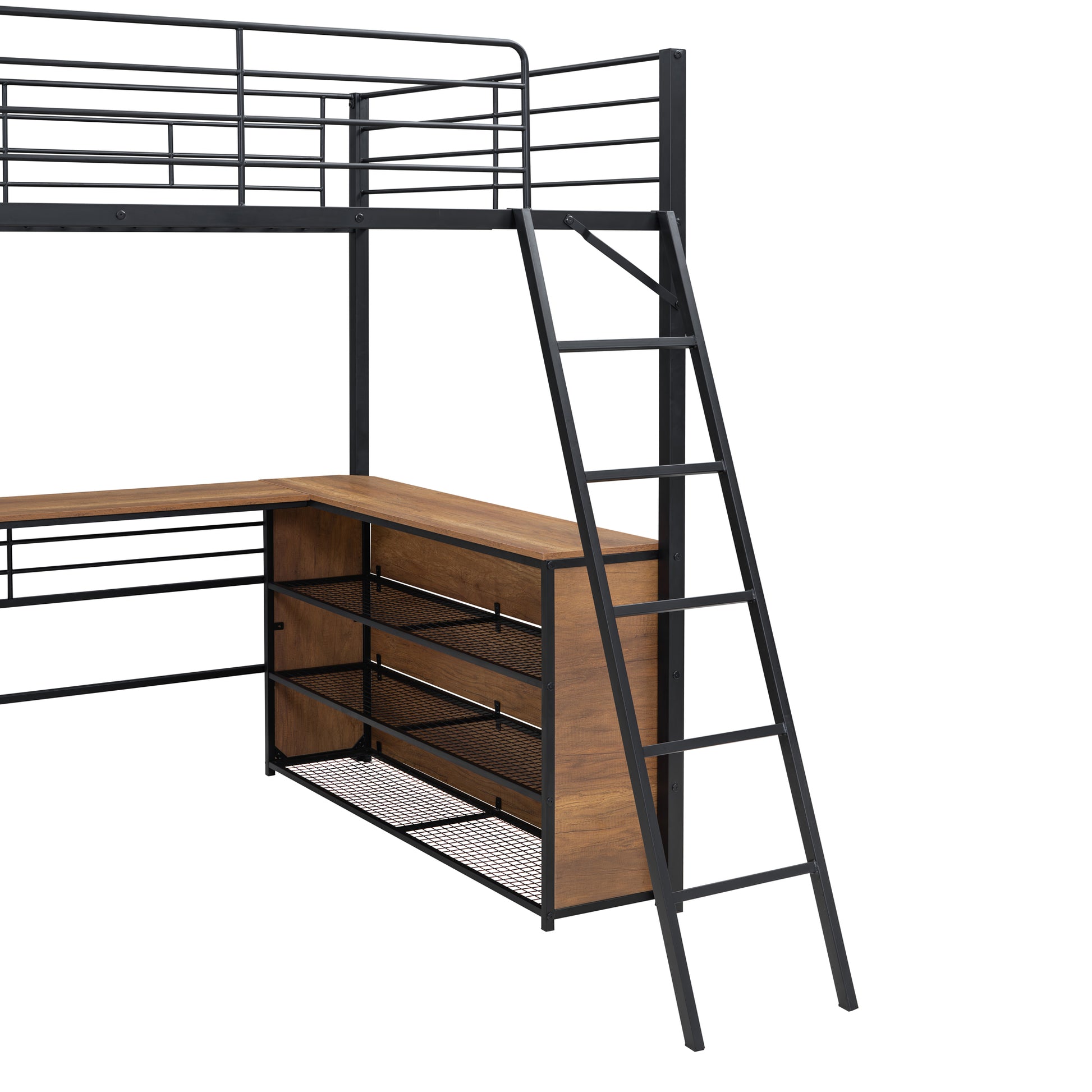 Full Size Metal Loft Bed With 3 Layers Of Shelves And L Shaped Desk, Black Black Metal