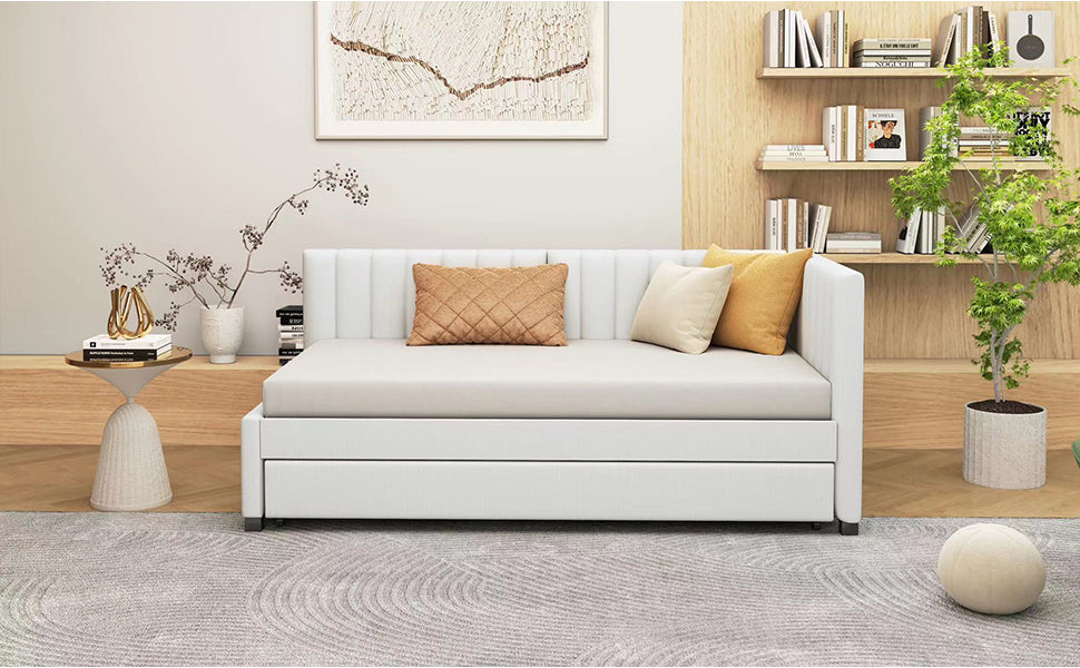 Upholstered Daybed With Trundle Twin Size Sofa Bed Frame No Box Spring Needed, Linen Fabric Beige Beige Linen