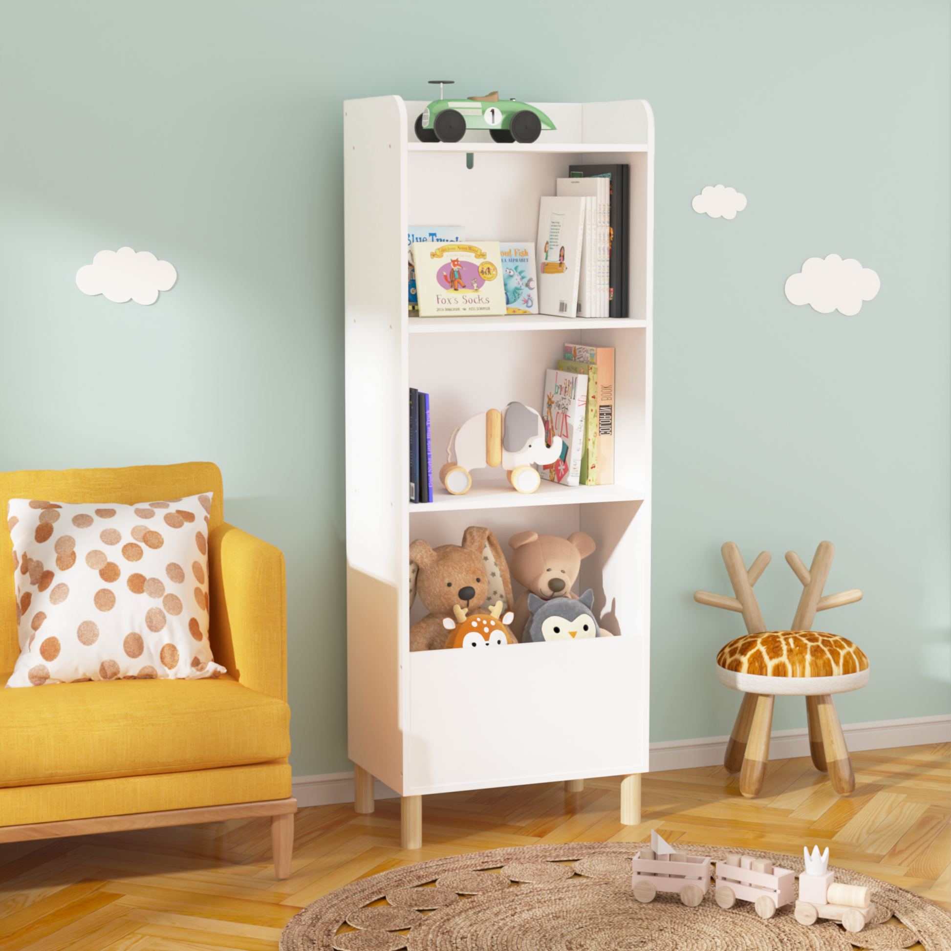 Kids 4 Tier Bookcase, Children'S Book Display, Bookshelf Toy Storage Cabinet Organizer For Children'S Room, Playroom, Nursery White Mdf