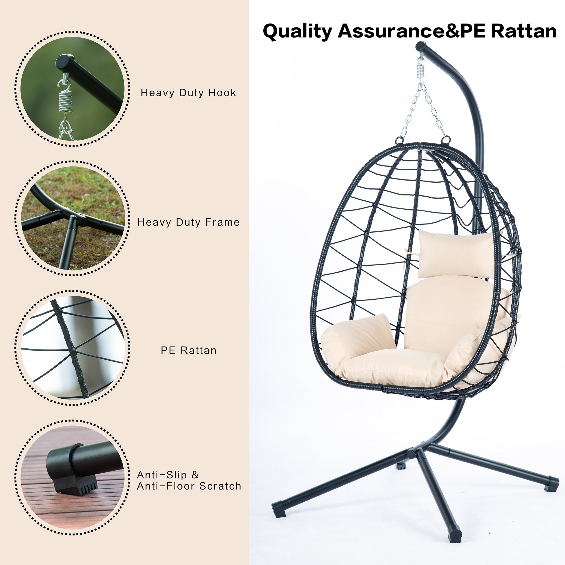 Egg Chair With Stand Indoor Outdoor Swing Chair Patio Wicker Hanging Egg Chair Hanging Basket Chair Hammock Chair With Stand For Bedroom Living Room Balcony Yes Sectional Beige Rust Resistant Frame Water Resistant Cushion Garden & Outdoor American Design