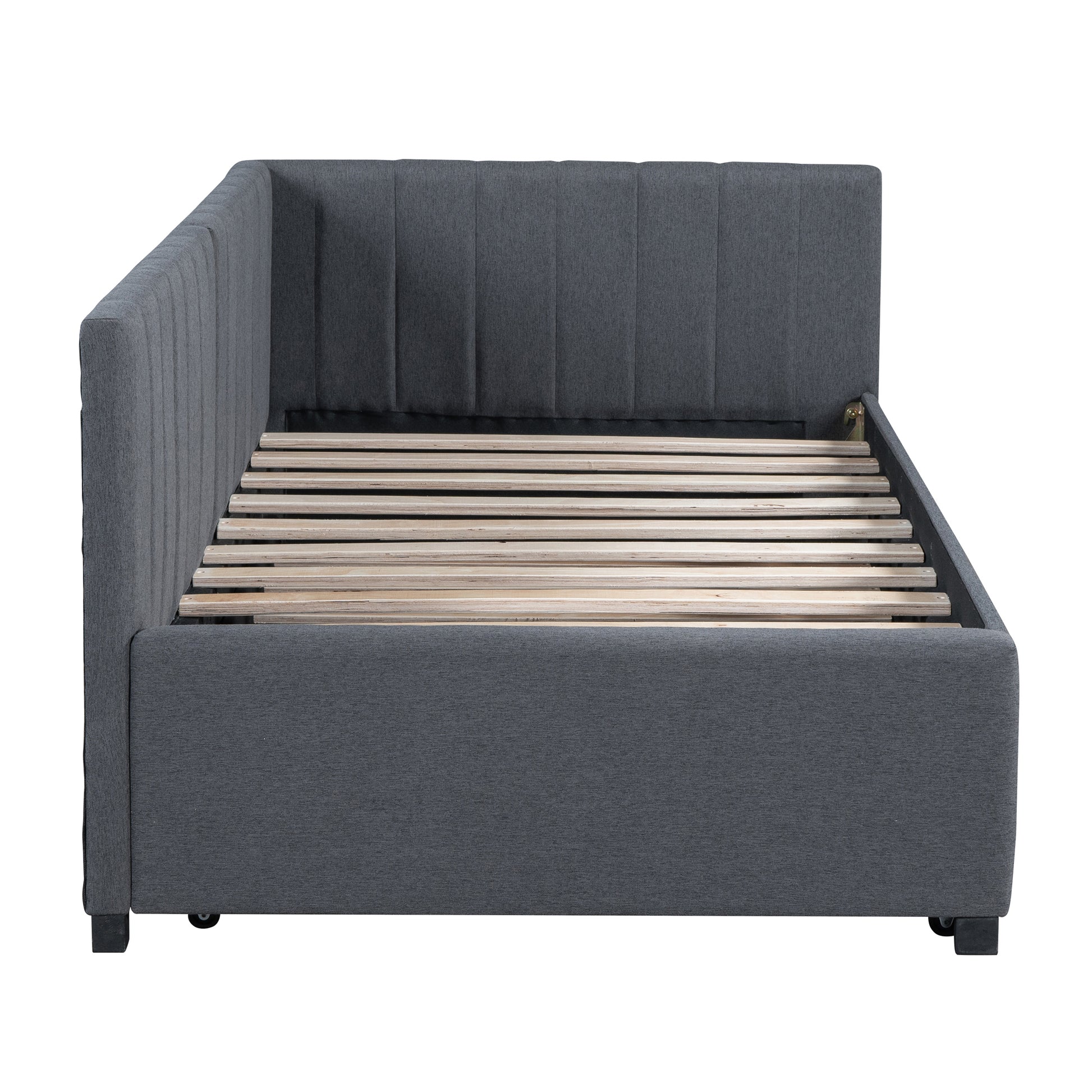 Upholstered Daybed With Trundle Twin Size Sofa Bed Frame No Box Spring Needed, Linen Fabric Gray Gray Linen