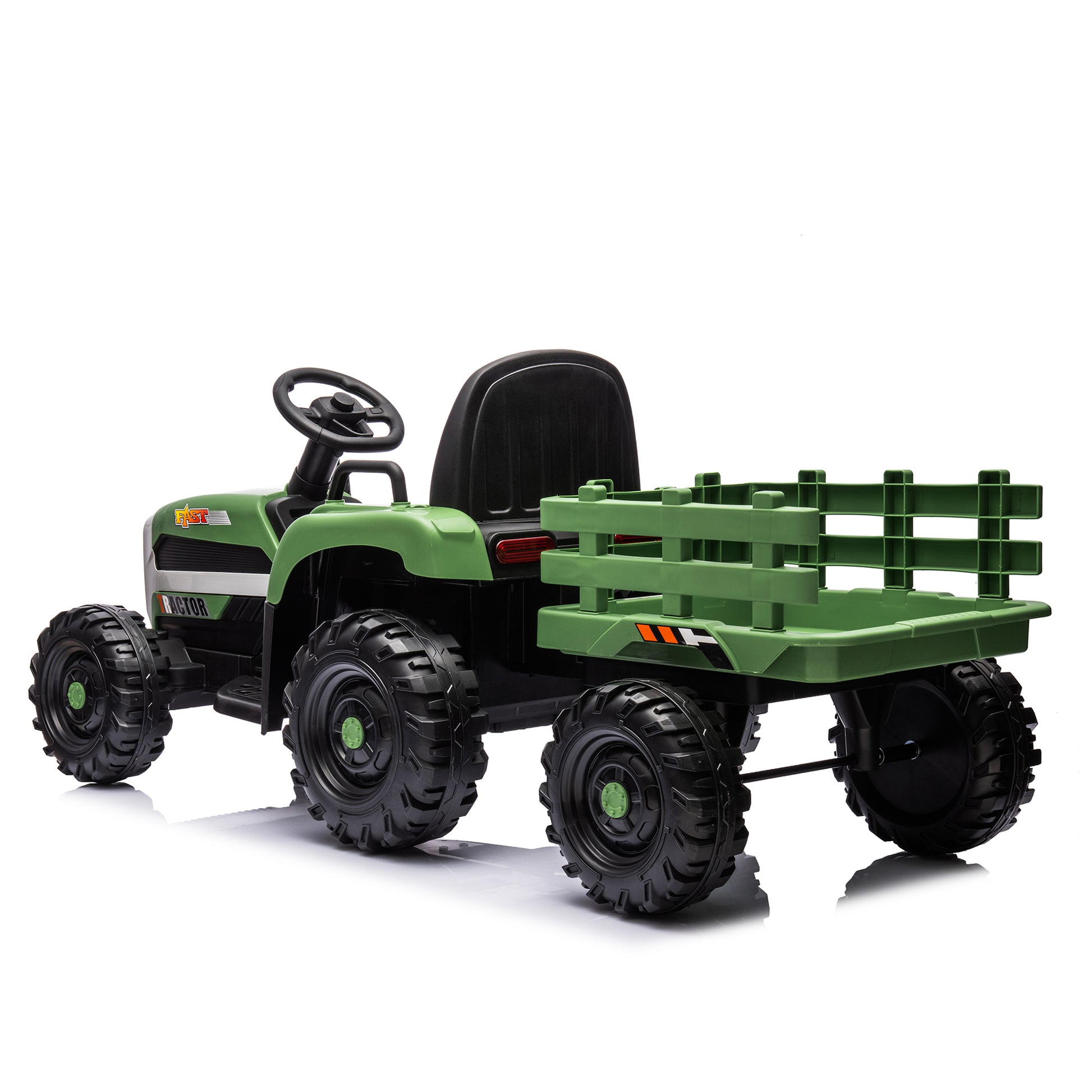 Ride On Tractor2.0 With Trailer,24V Battery Powered Electric Tractor Toy, 200W*2Motor 1.86 4.97Mph Remote Control,Electric Car For Kids,Three Speed Adjustable,Usb,Mp3 ,Bluetooth,Led Light, Safety Belt Emerald Plastic