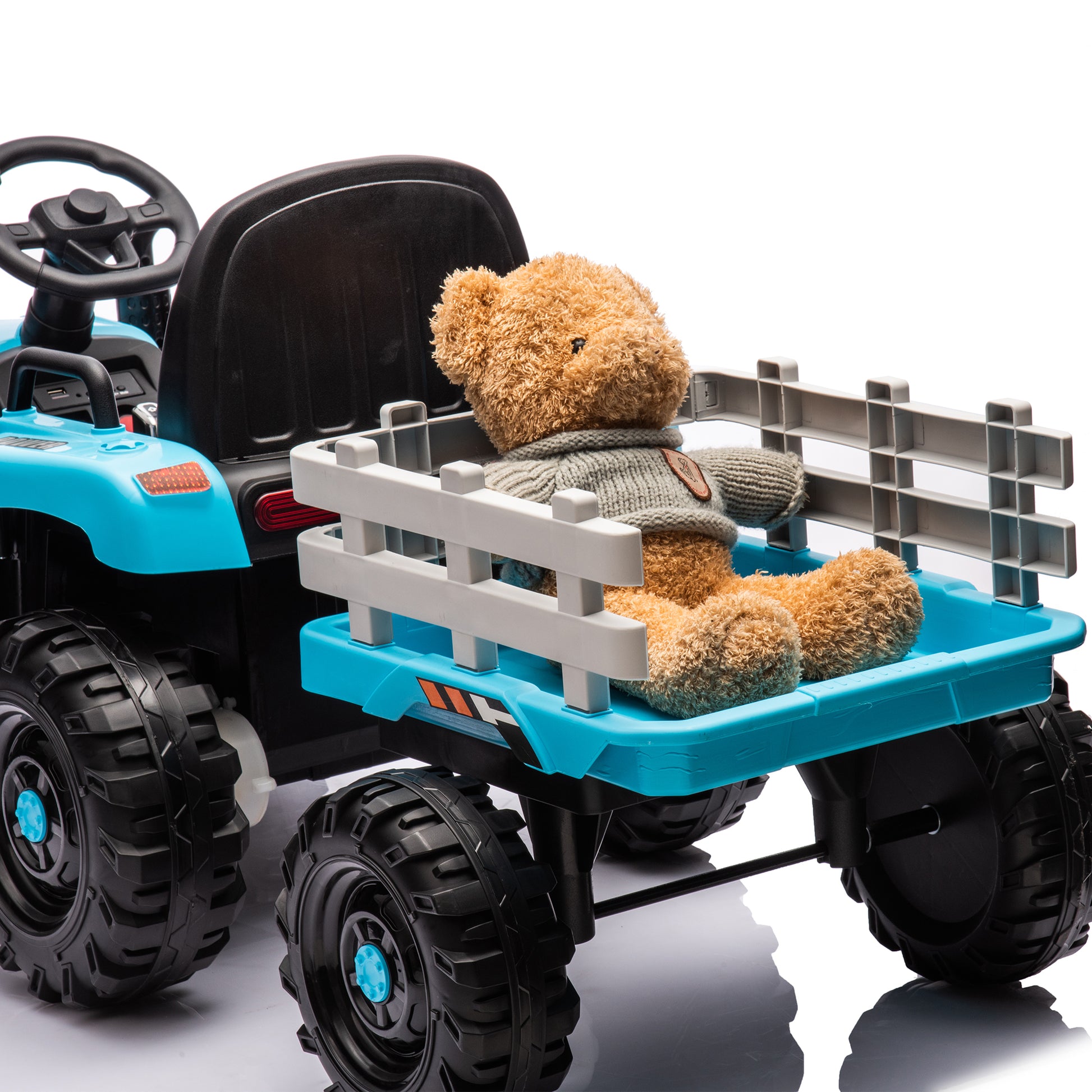 Ride On Tractor2.0 With Trailer,24V Battery Powered Electric Tractor Toy, 200W*2Motor 1.86 4.97Mph Remote Control,Electric Car For Kids,Three Speed Adjustable,Usb,Mp3 ,Bluetooth,Led Light, Safety Belt Blue Plastic