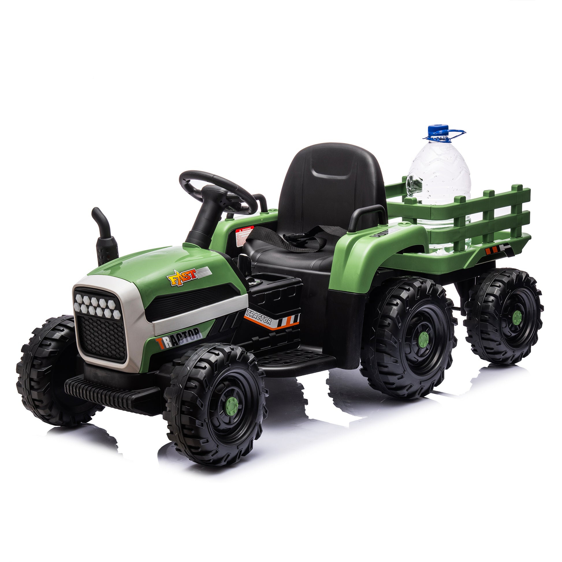 Ride On Tractor2.0 With Trailer,24V Battery Powered Electric Tractor Toy, 200W*2Motor 1.86 4.97Mph Remote Control,Electric Car For Kids,Three Speed Adjustable,Usb,Mp3 ,Bluetooth,Led Light, Safety Belt Emerald Plastic