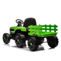 Ride On Tractor With Trailer,24V Battery Powered Electric Tractor Toy, 200W*2Motor 1.86 4.97Mph Remote Control,Electric Car For Kids,Three Speed Adjustable,Usb,Mp3 ,Bluetooth,Led Light, Safety Belt Green Plastic