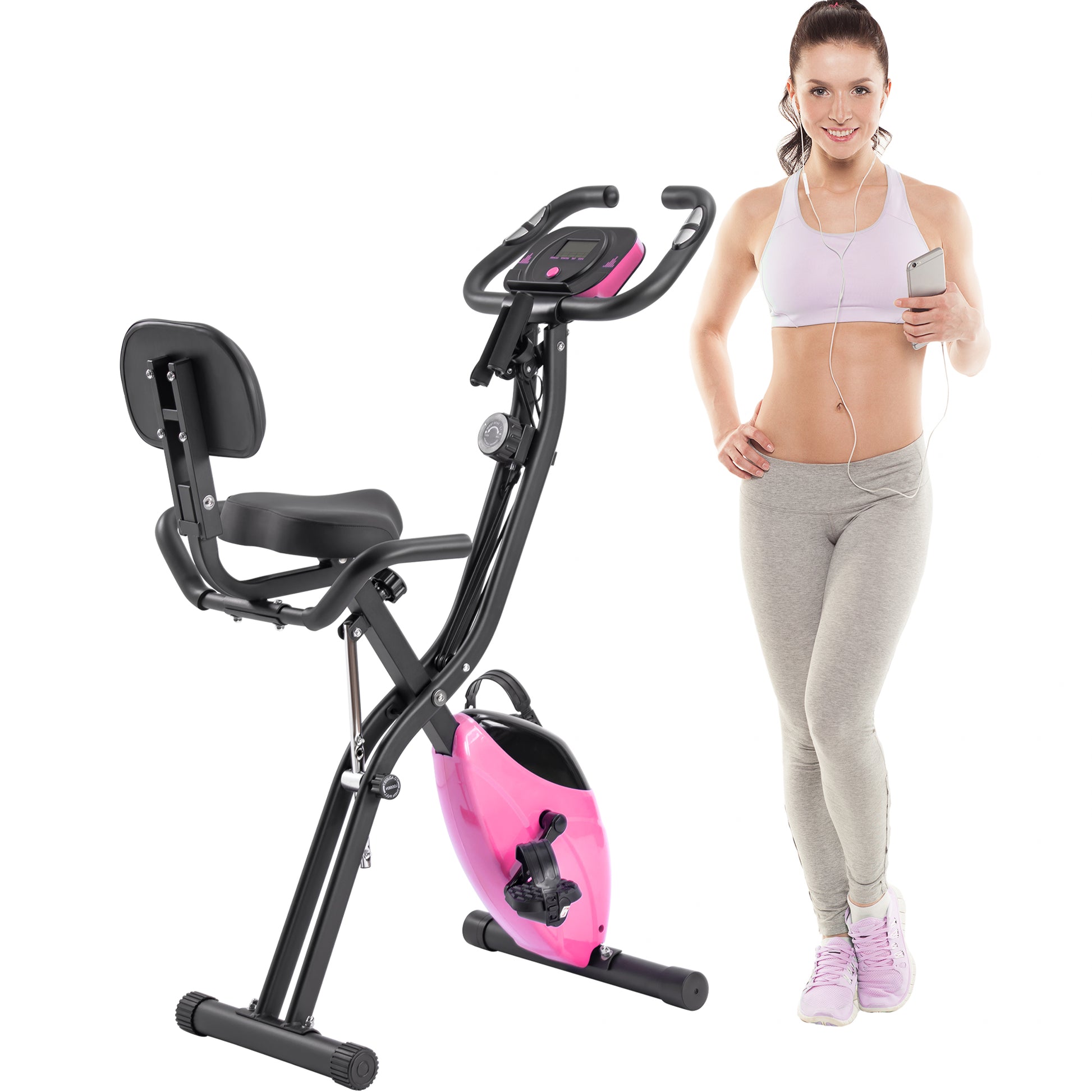 Folding Exercise Bike, Fitness Upright And Recumbent X Bike With 16 Level Adjustable Resistance, Arm Bands And Backrest Pink Metal