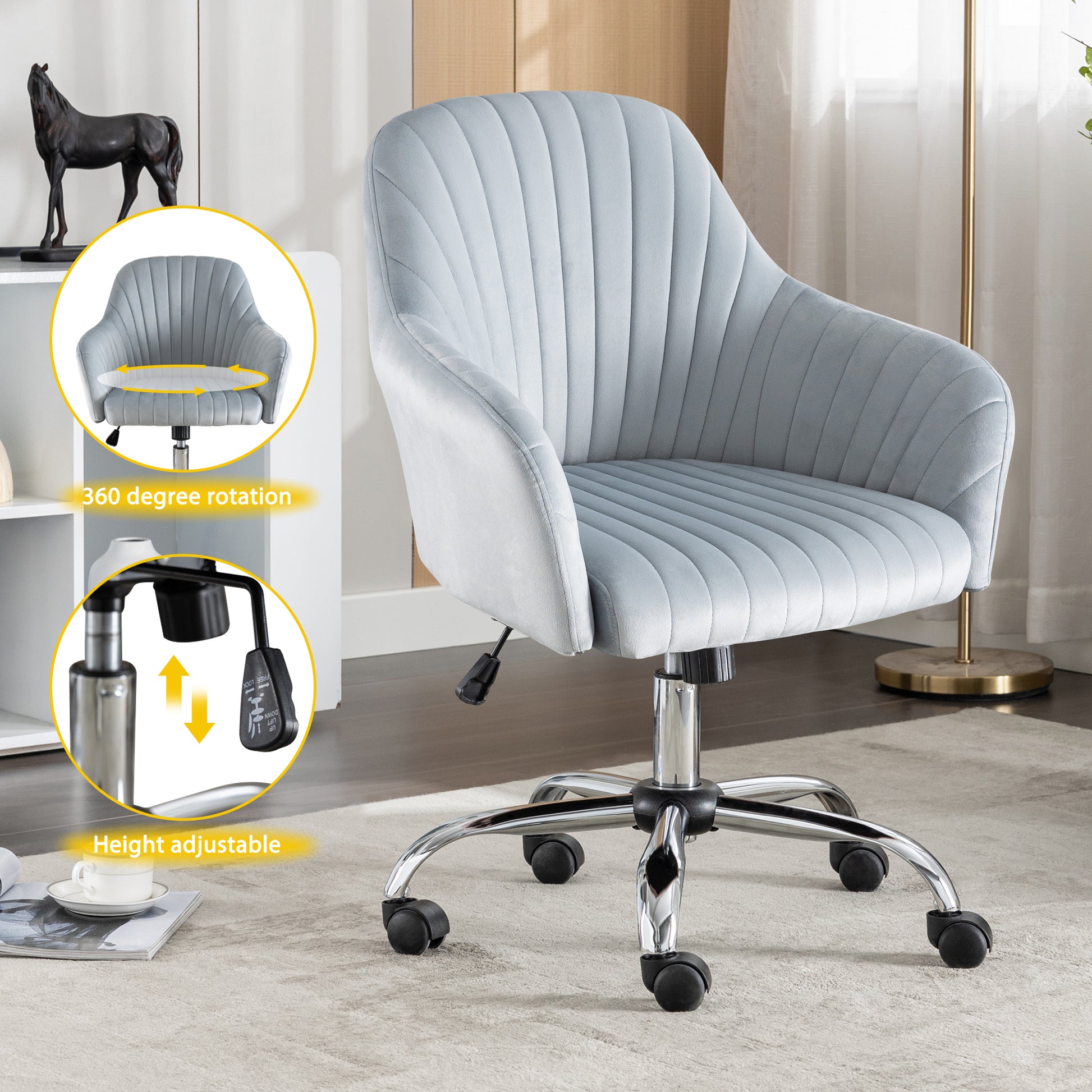 Accent Chair Modern Home Office Leisure Chair With Adjustable Velvet Height And Adjustable Casters Darkgrey Dark Grey Cotton Velvet