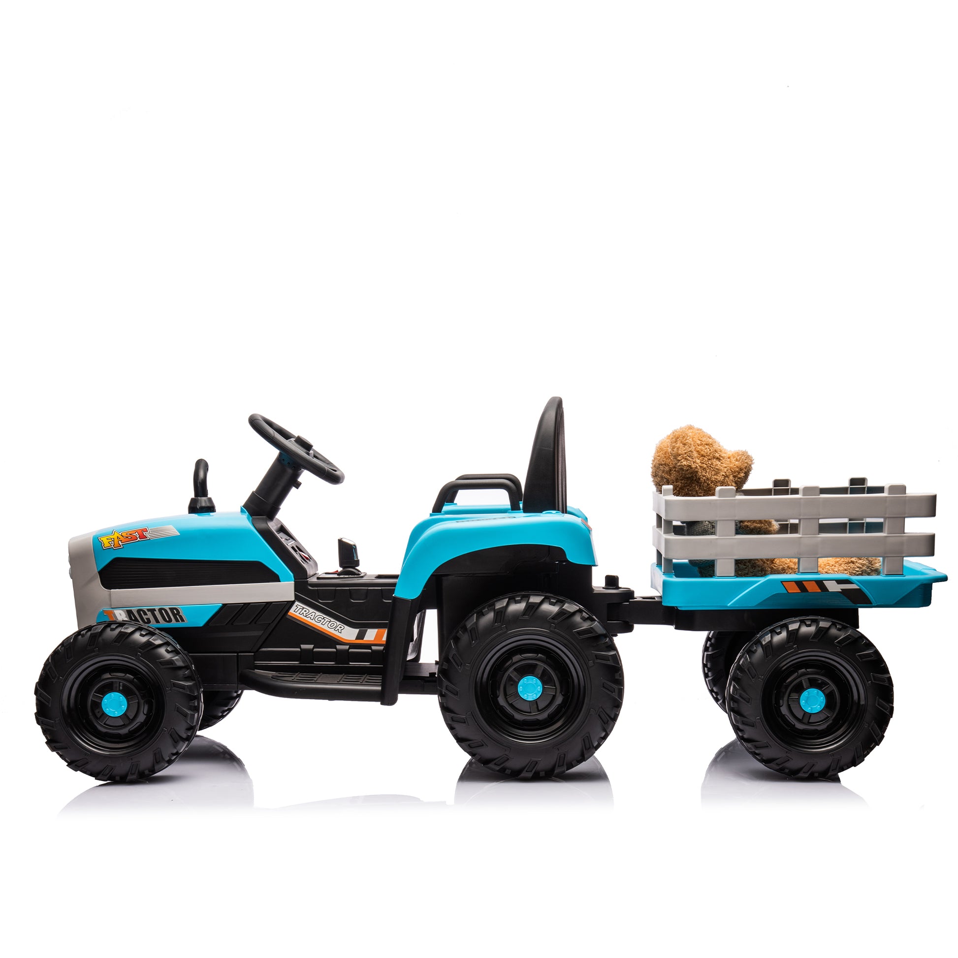 Ride On Tractor2.0 With Trailer,24V Battery Powered Electric Tractor Toy, 200W*2Motor 1.86 4.97Mph Remote Control,Electric Car For Kids,Three Speed Adjustable,Usb,Mp3 ,Bluetooth,Led Light, Safety Belt Blue Plastic