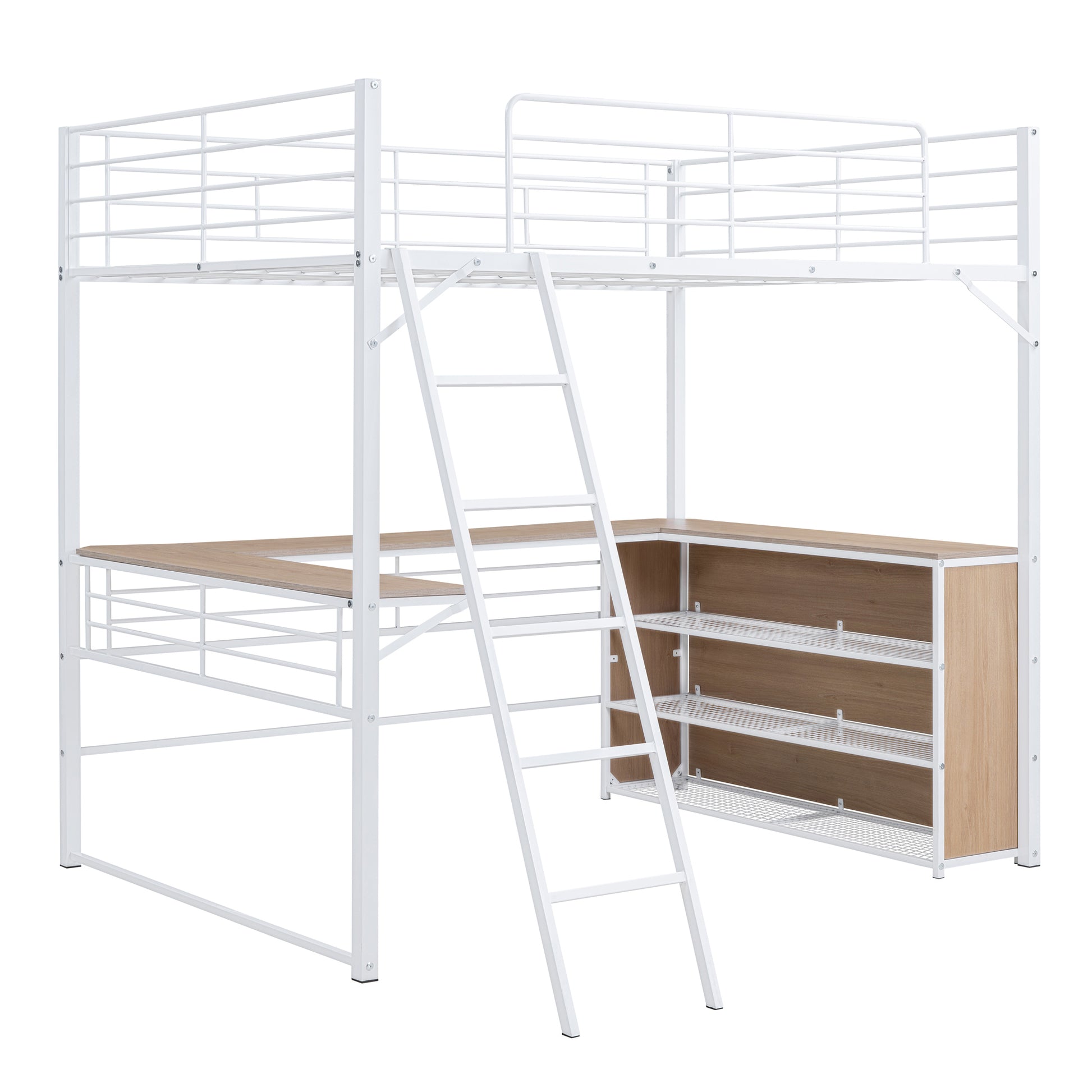 Full Size Metal Loft Bed With 3 Layers Of Shelves And L Shaped Desk, White White Metal