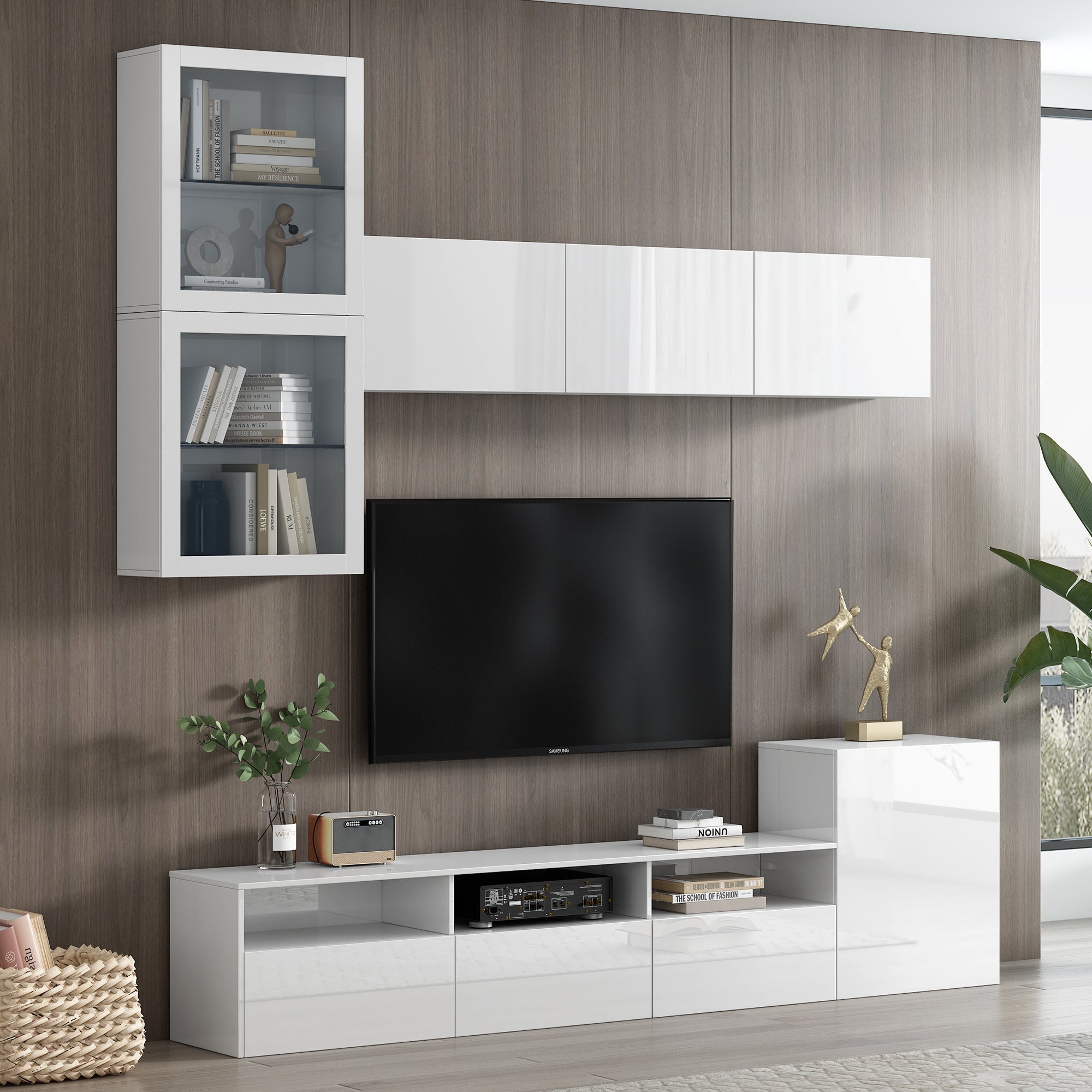 High Gloss Tv Stand With Large Storage Space, Media Console For Tvs Up To 78", Versatile Entertainment Center With Wall Mounted Floating Storage Cabinets For Living Room, White White Primary Living Space 70 79 Inches 70 79 Inches Mdf