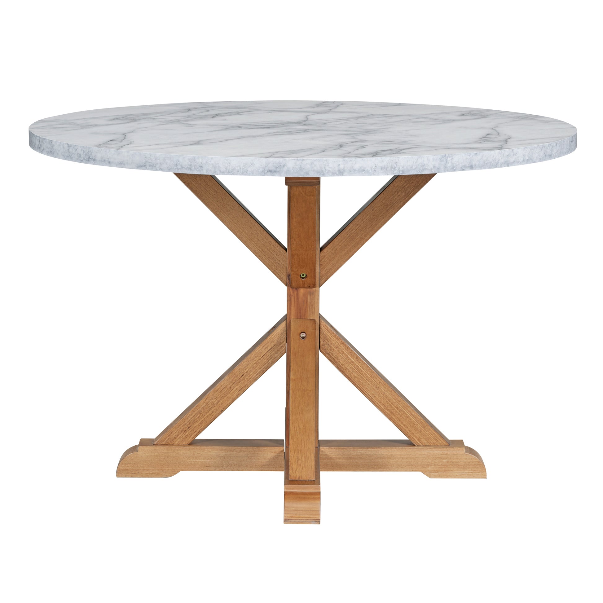 5 Piece Farmhouse Style Dining Table Set, Marble Sticker And Cross Bracket Pedestal Dining Table, And 4 Upholstered Chairs White Walnut Upholstered Chair Wood White Walnut Seats 4 Wood Dining Room Antique,Classic,Farmhouse Pedestal Round Dining Table