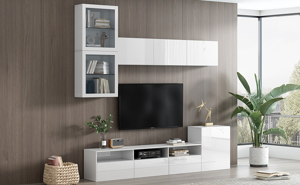 High Gloss Tv Stand With Large Storage Space, Media Console For Tvs Up To 78", Versatile Entertainment Center With Wall Mounted Floating Storage Cabinets For Living Room, White White Primary Living Space 70 79 Inches 70 79 Inches Mdf