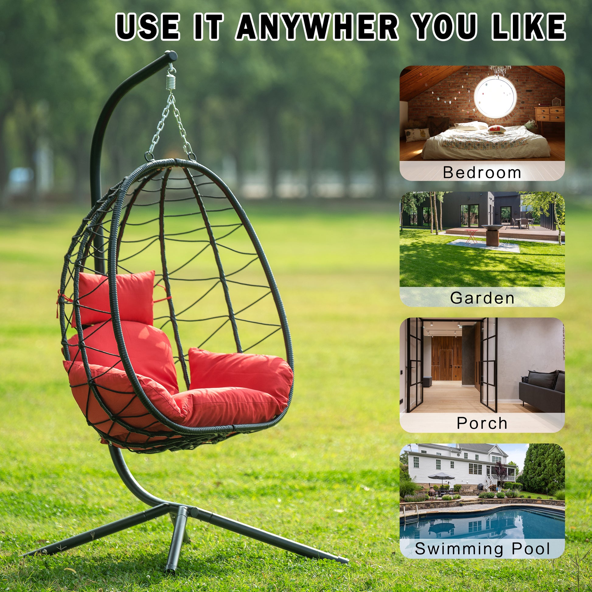 Egg Chair With Stand Indoor Outdoor Swing Chair Patio Wicker Hanging Egg Chair Hanging Basket Chair Hammock Chair With Stand For Bedroom Living Room Balcony Yes Sectional Red Water Resistant Frame Water Resistant Cushion Garden & Outdoor American Design